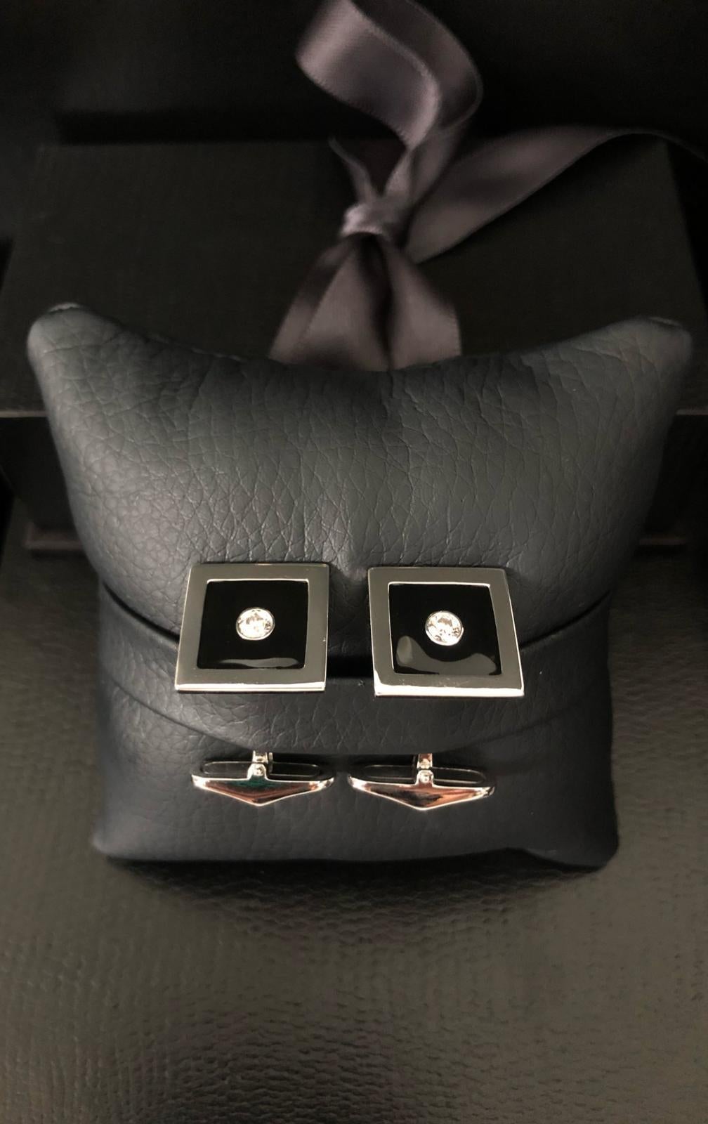 Round Cut Diamond and Black Enamel Cufflinks in 18 Carat White Gold