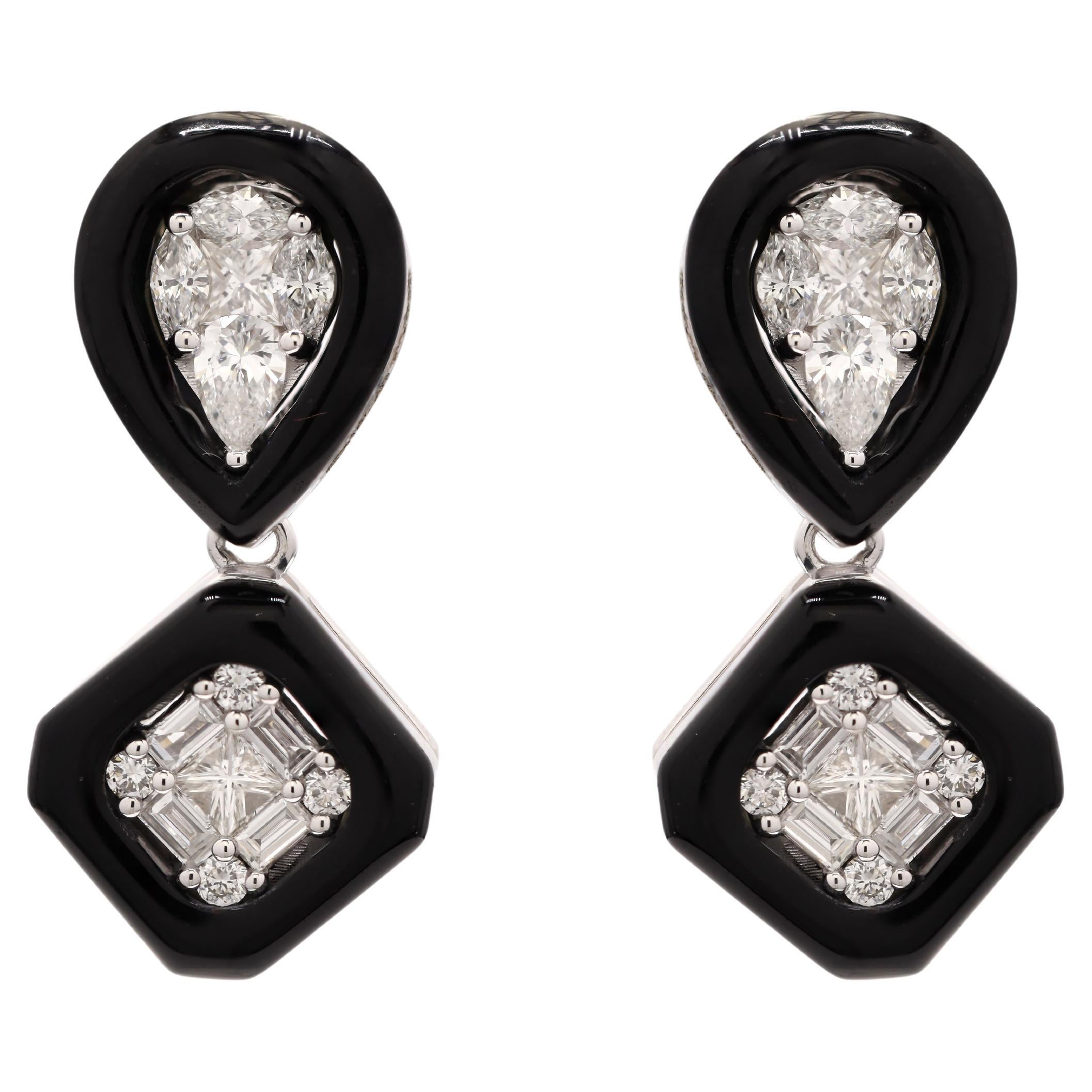 Diamond and Black Enamel Dangle Earrings in 18K White Gold For Sale