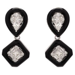 Retro Diamond and Black Enamel Dangle Earrings in 18K White Gold