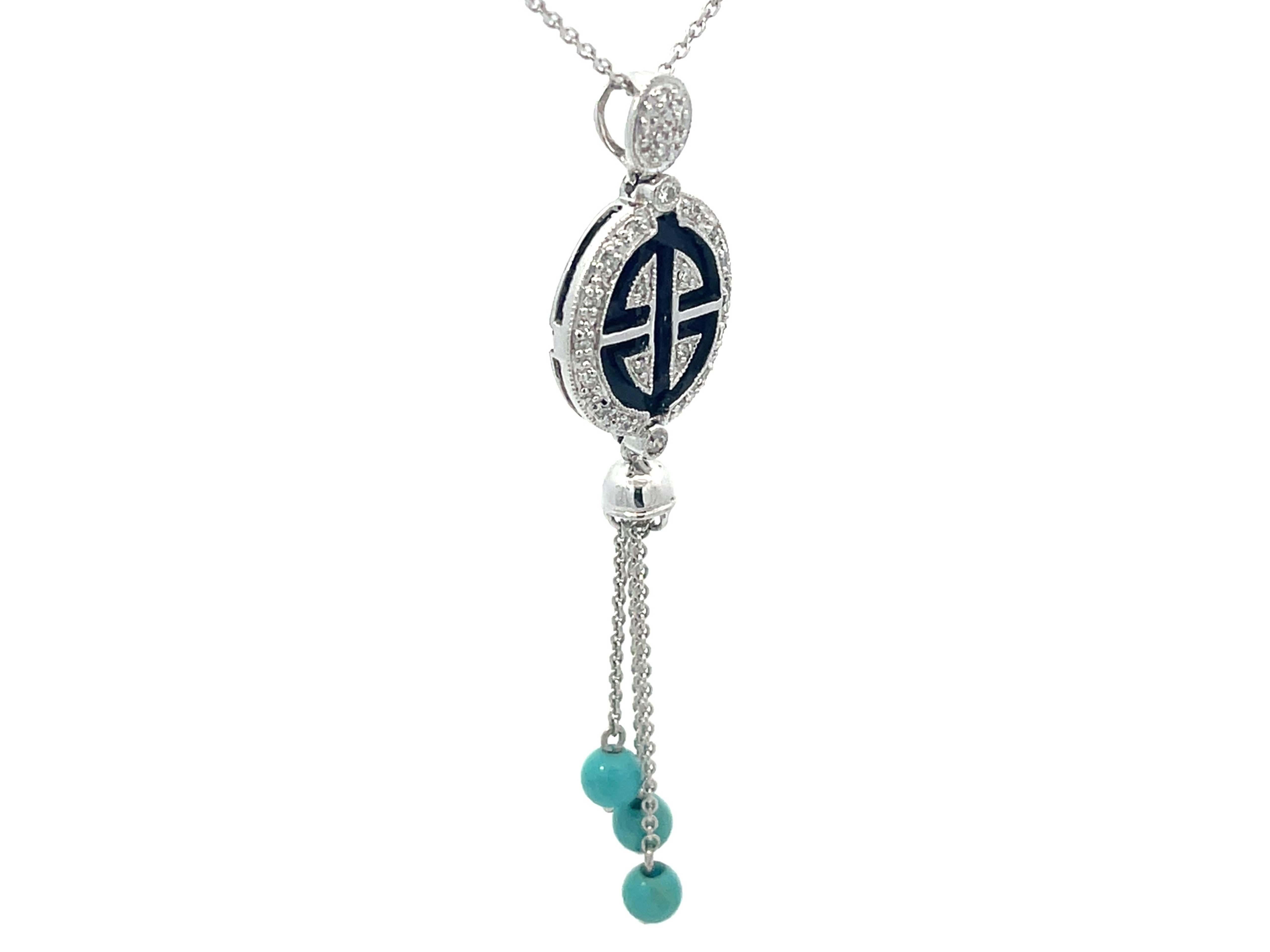 Modern Diamond and Black Enamel Dangly Turquoise Necklace in 18k White Gold For Sale