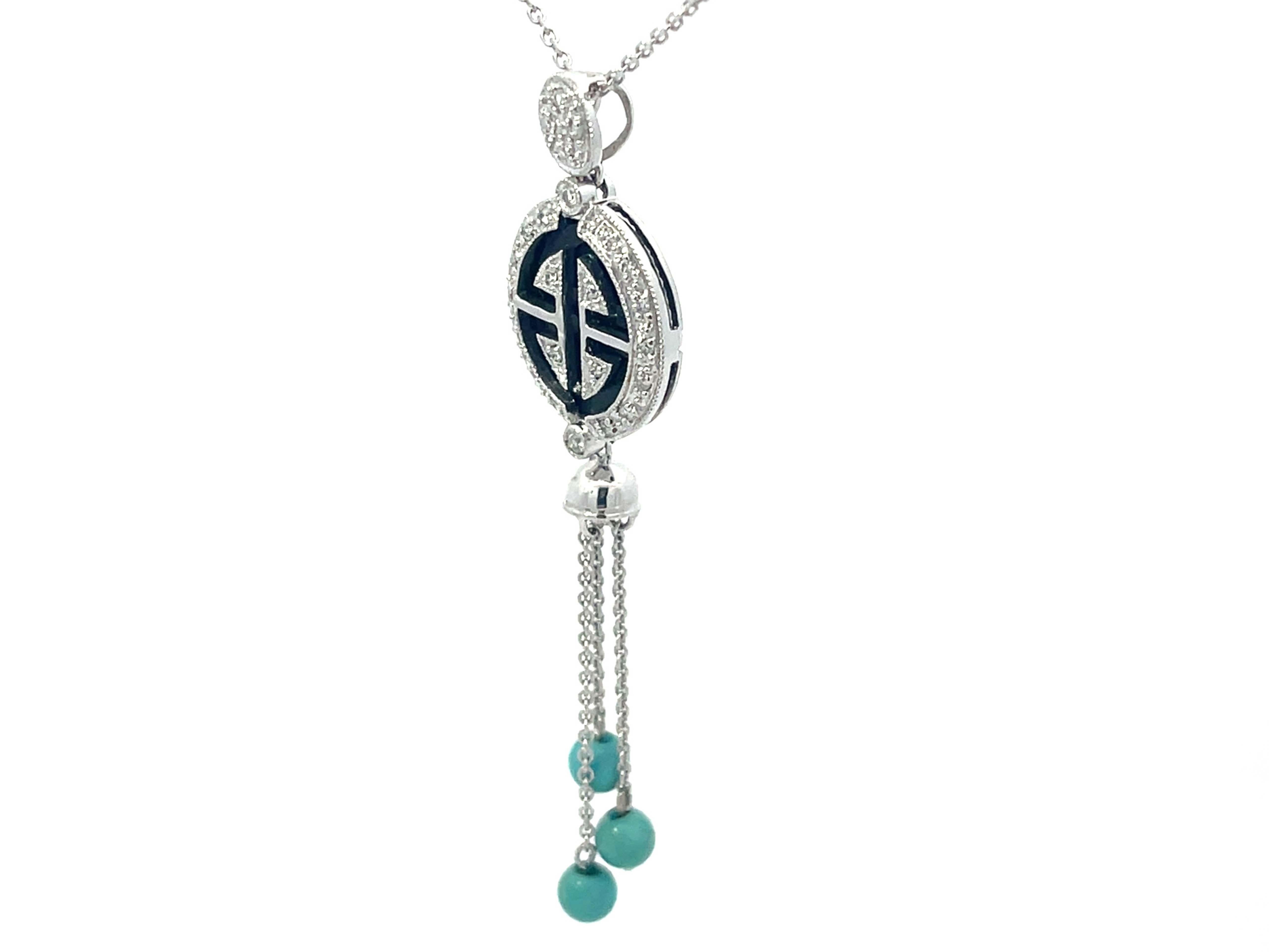 Round Cut Diamond and Black Enamel Dangly Turquoise Necklace in 18k White Gold For Sale