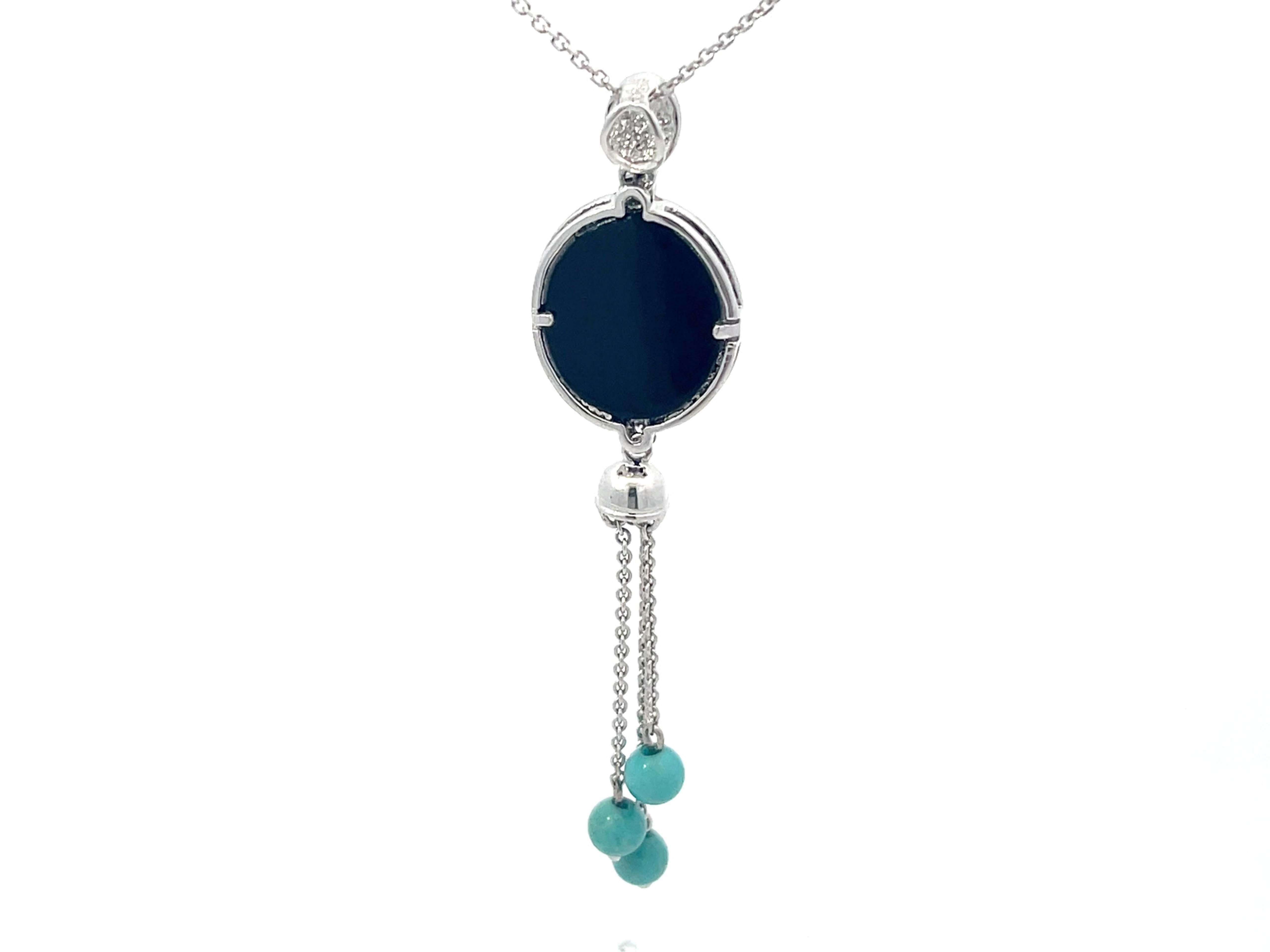 Diamond and Black Enamel Dangly Turquoise Necklace in 18k White Gold For Sale 1
