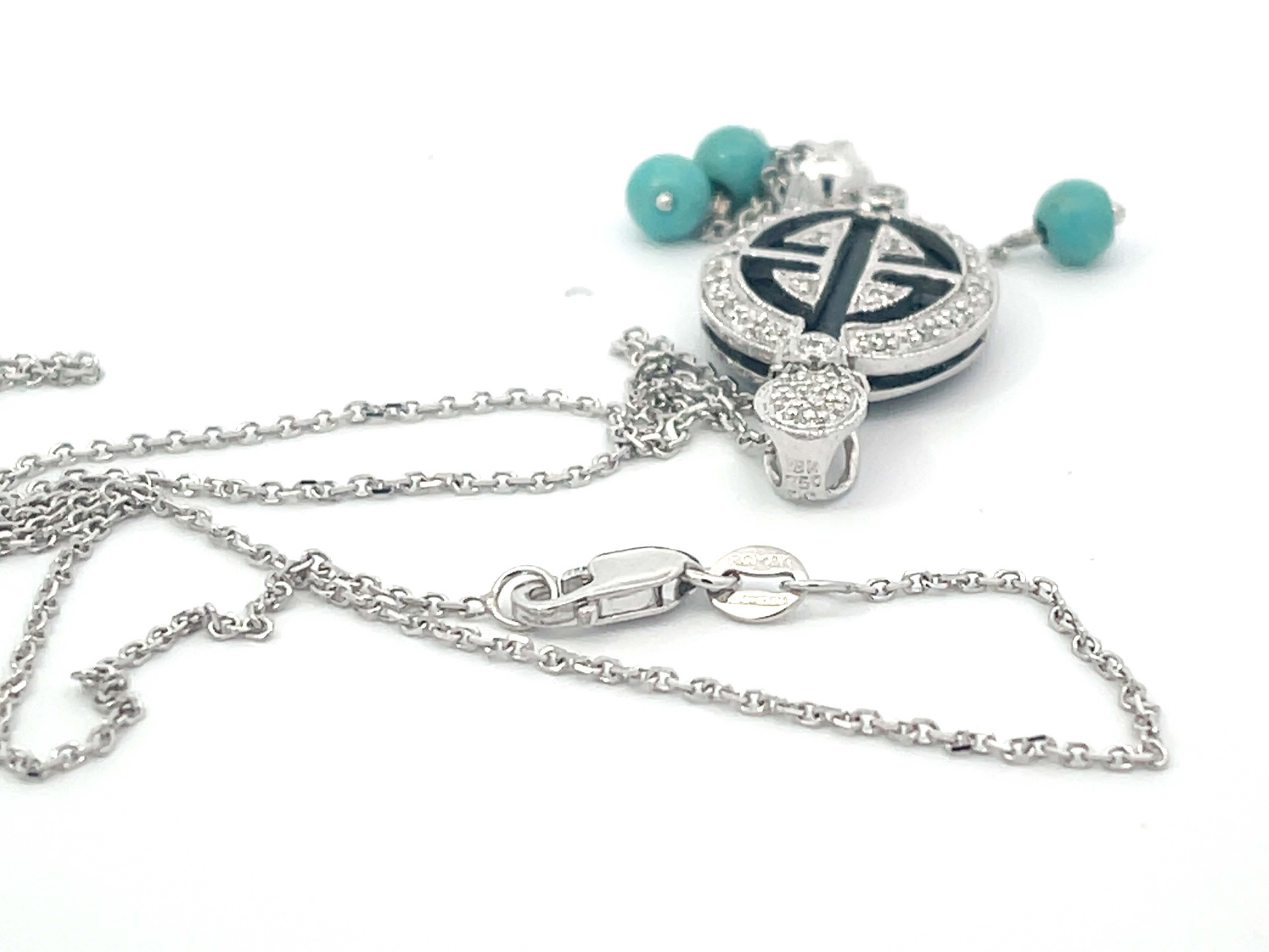 Diamond and Black Enamel Dangly Turquoise Necklace in 18k White Gold For Sale 2
