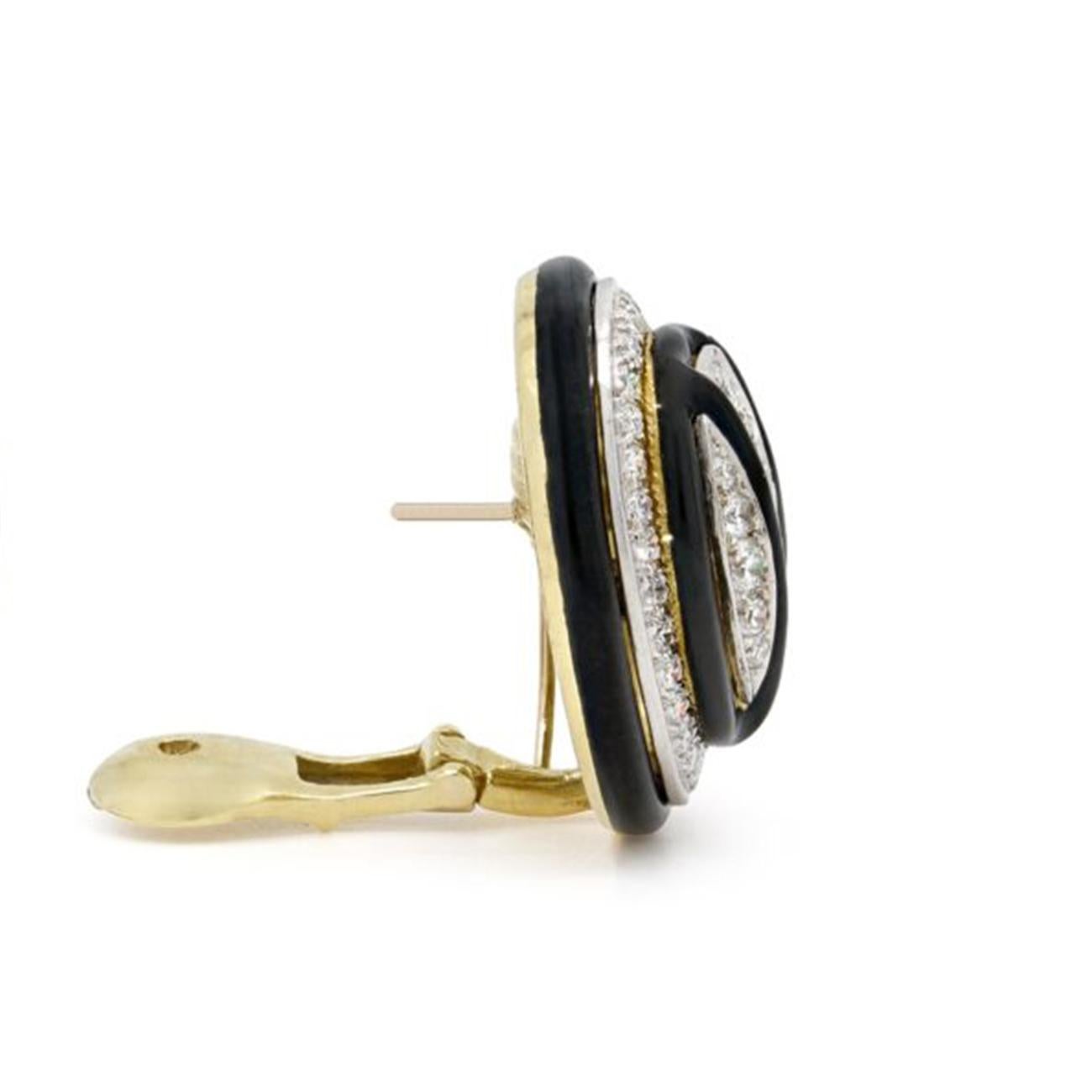 Brilliant Cut Diamond and Black Enamel Oval Earrings by David Webb