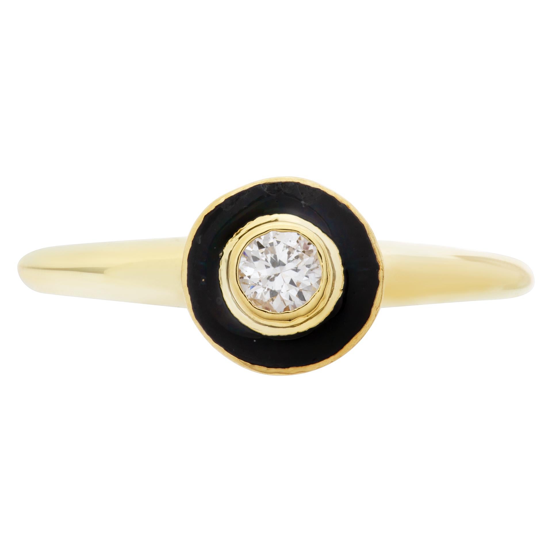 Vintage diamond and black enamel set in 14k yellow gold ring. Center diamond approximately 0.10 carat. Size 7 1/4
