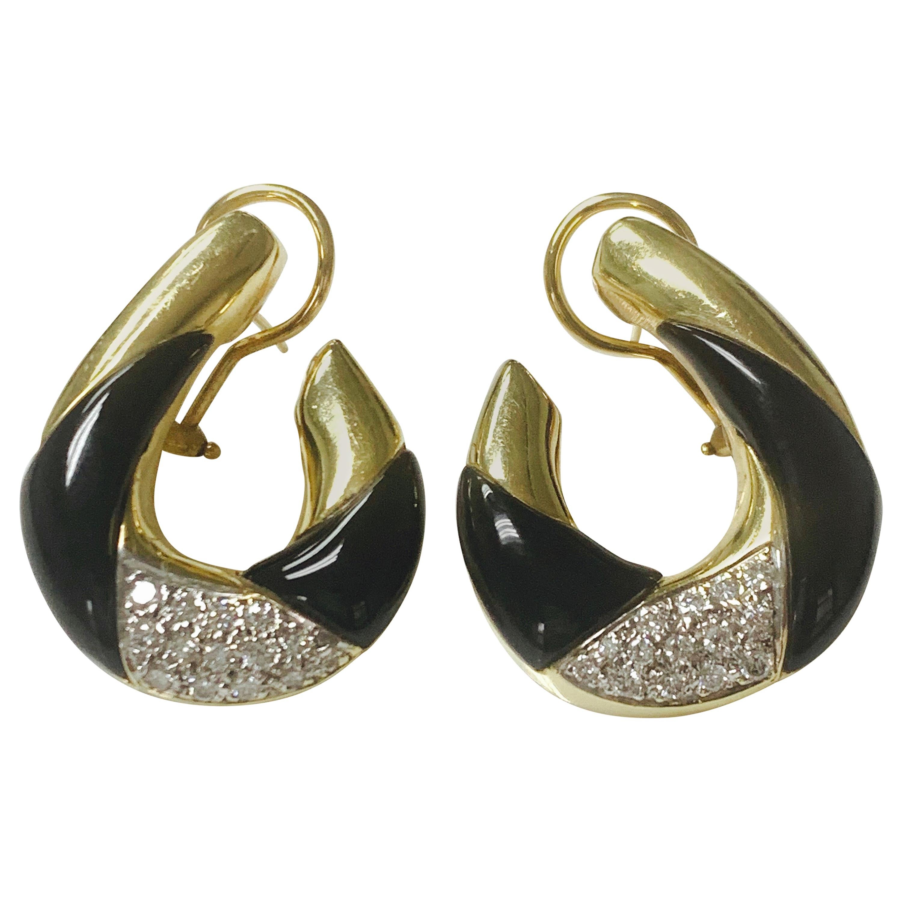 Diamond and Black Onyx Earrings in 14 Karat Yellow Gold For Sale