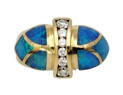 Diamond and Black Opal Mosaic Inlay Domed Band Ring in 18 Karat Yellow Gold