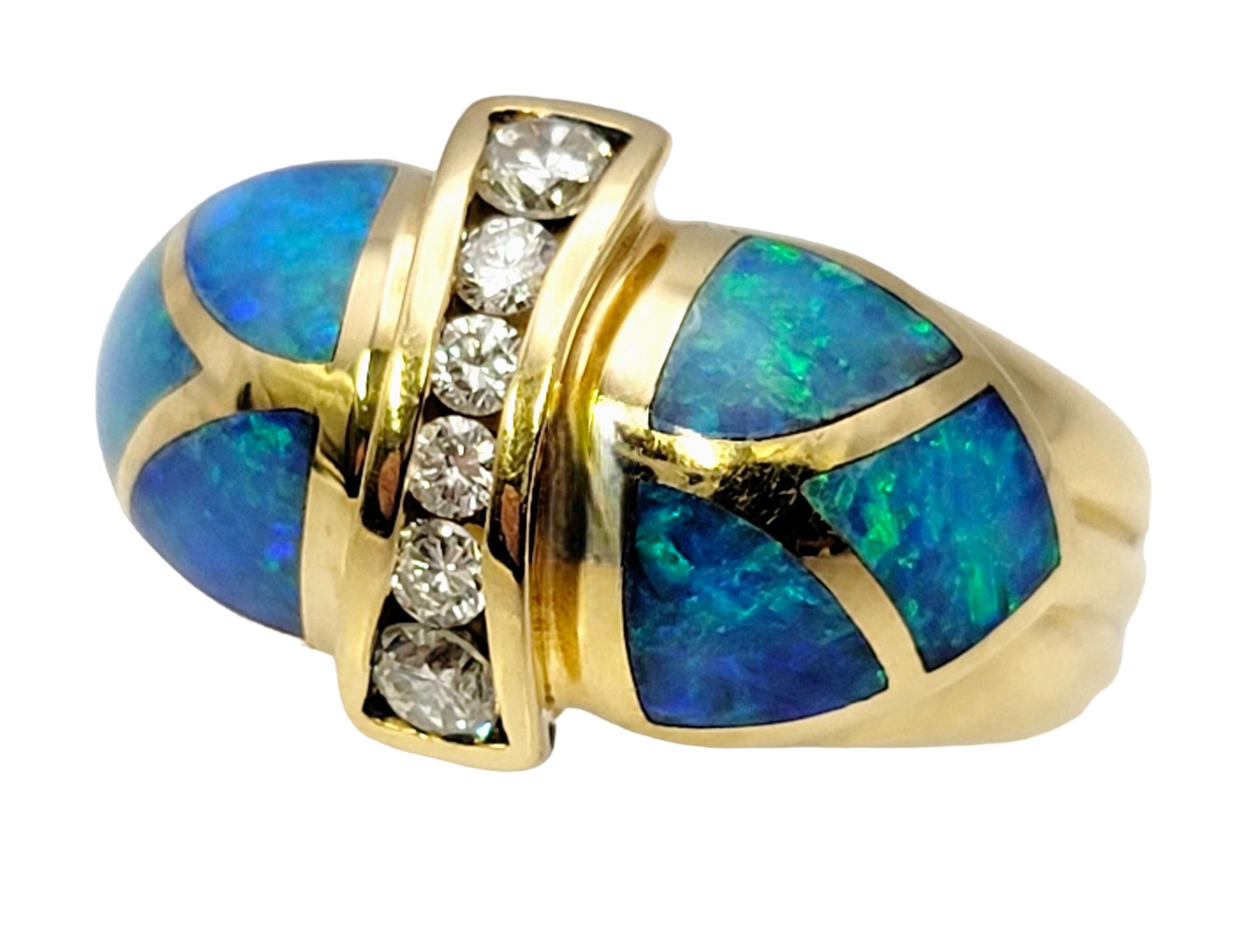 Contemporary Diamond and Black Opal Inlay Domed Band Ring in 18 Karat Yellow Gold For Sale