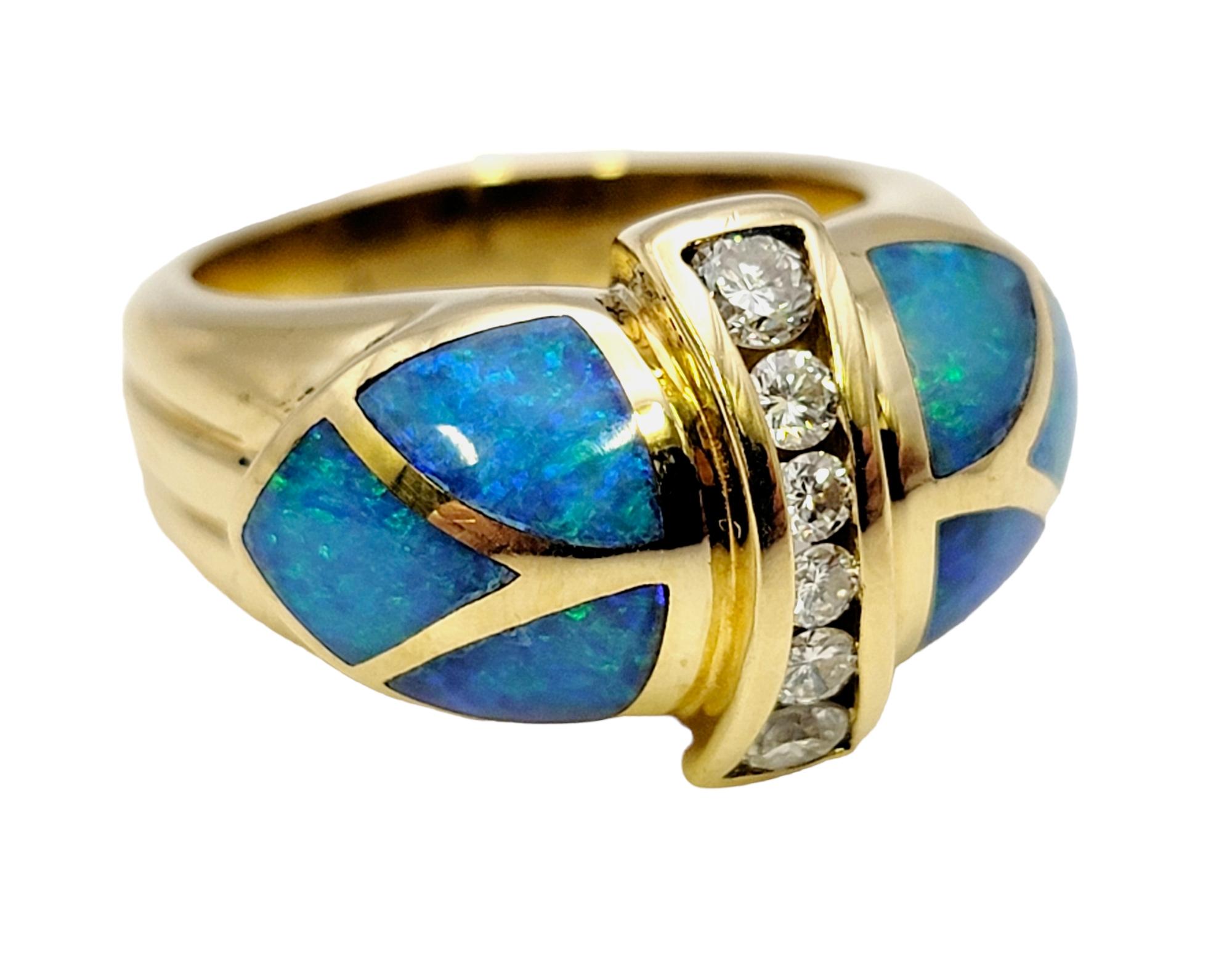 Round Cut Diamond and Black Opal Inlay Domed Band Ring in 18 Karat Yellow Gold For Sale