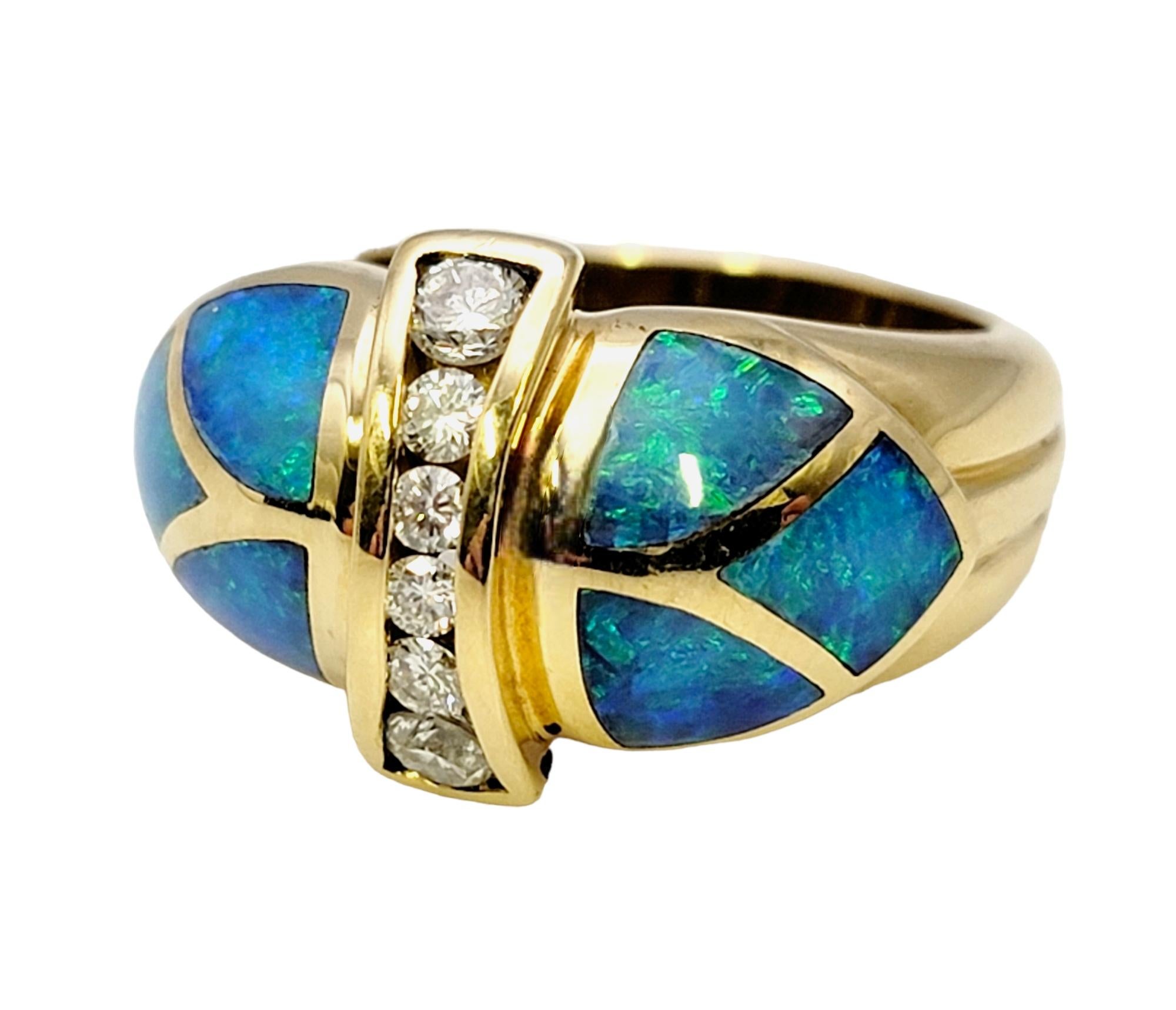 Diamond and Black Opal Inlay Domed Band Ring in 18 Karat Yellow Gold In Good Condition For Sale In Scottsdale, AZ
