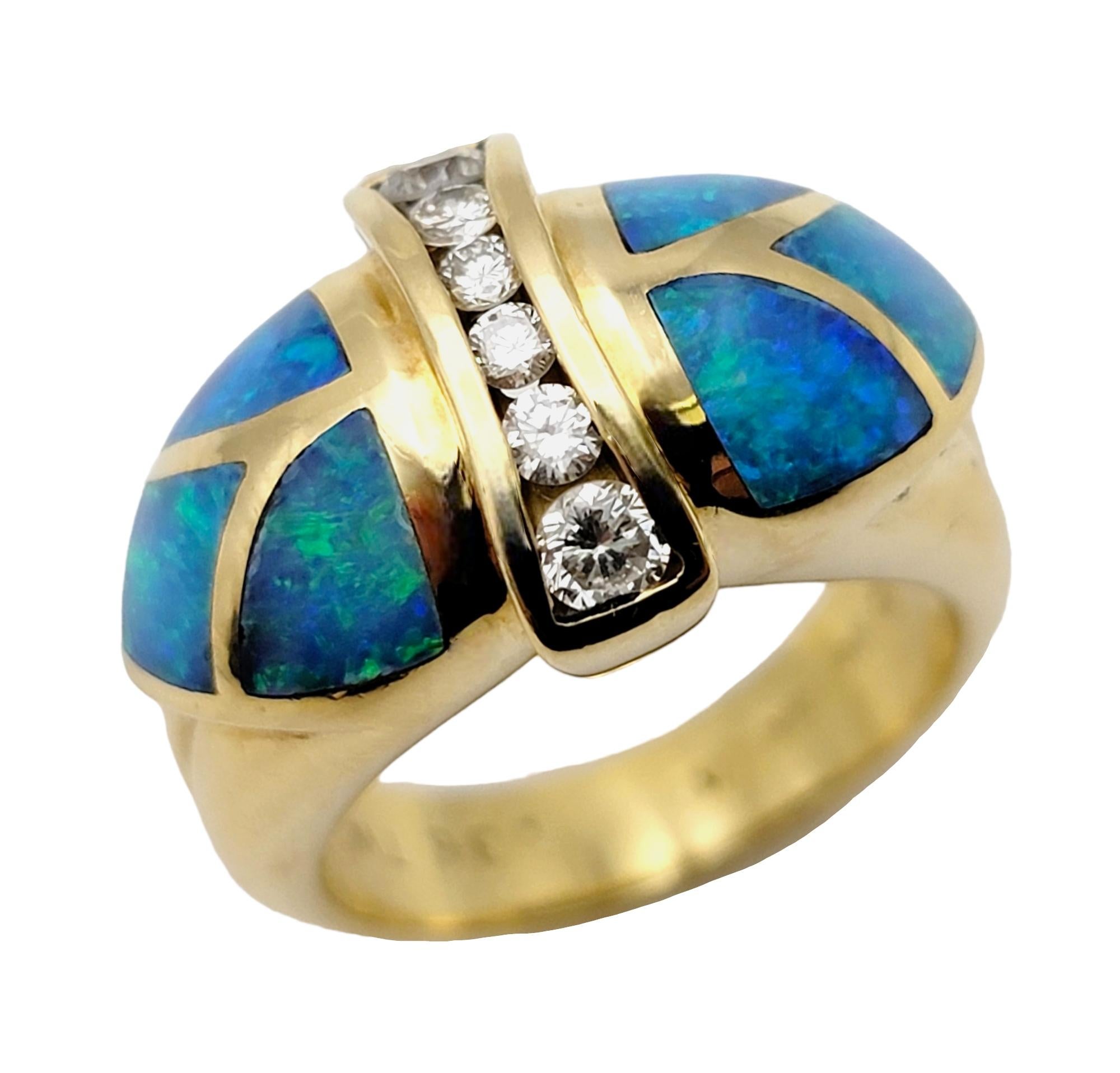 Women's Diamond and Black Opal Inlay Domed Band Ring in 18 Karat Yellow Gold For Sale