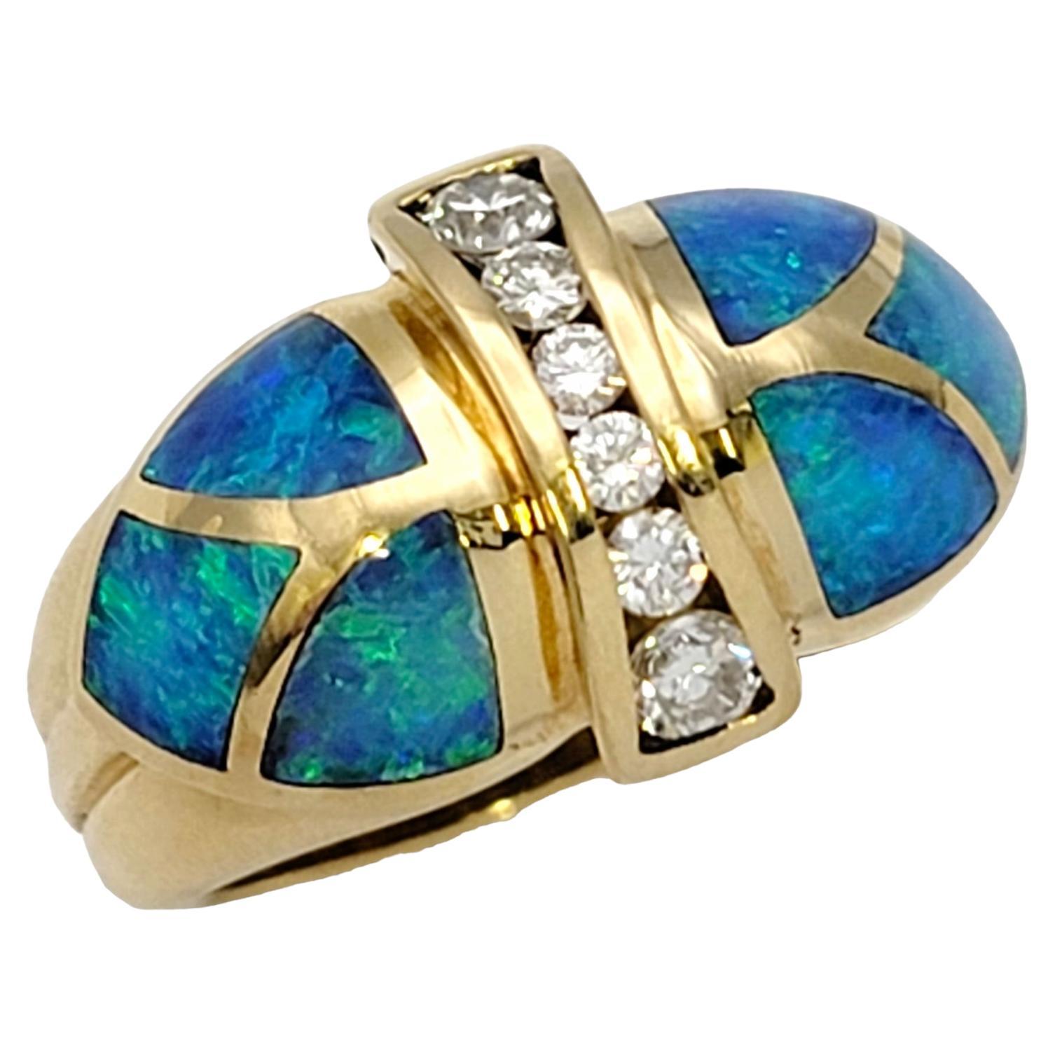 Diamond and Black Opal Inlay Domed Band Ring in 18 Karat Yellow Gold For Sale