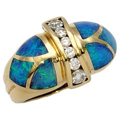 Vintage Diamond and Black Opal Inlay Domed Band Ring in 18 Karat Yellow Gold