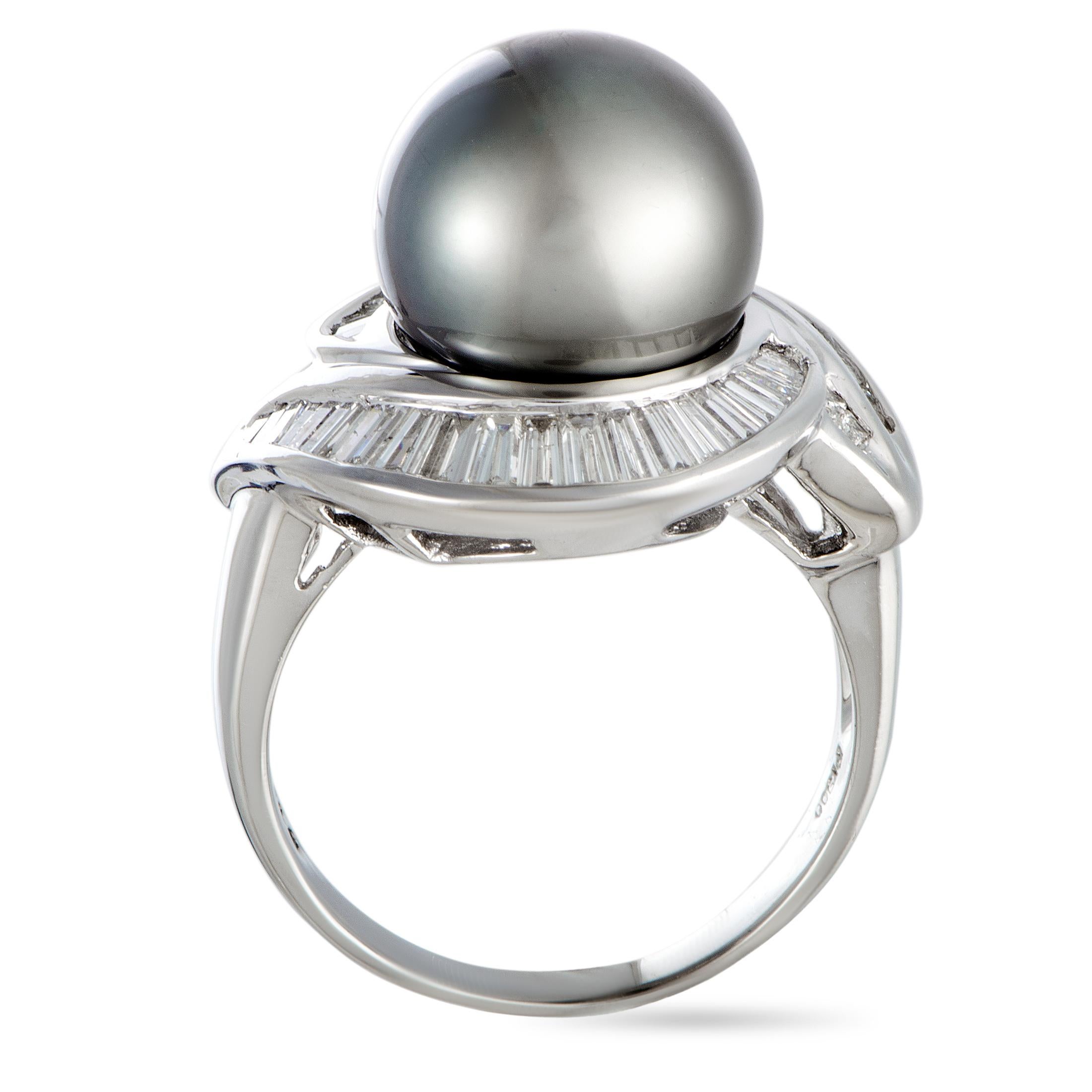 This ring is crafted from platinum and set with an 11.3 mm black pearl and with diamonds that total 1.28 carats. The ring weighs 11.5 grams, boasting band thickness of 3 mm and top height of 14 mm, while top dimensions measure 12 by 12 mm.

Ring