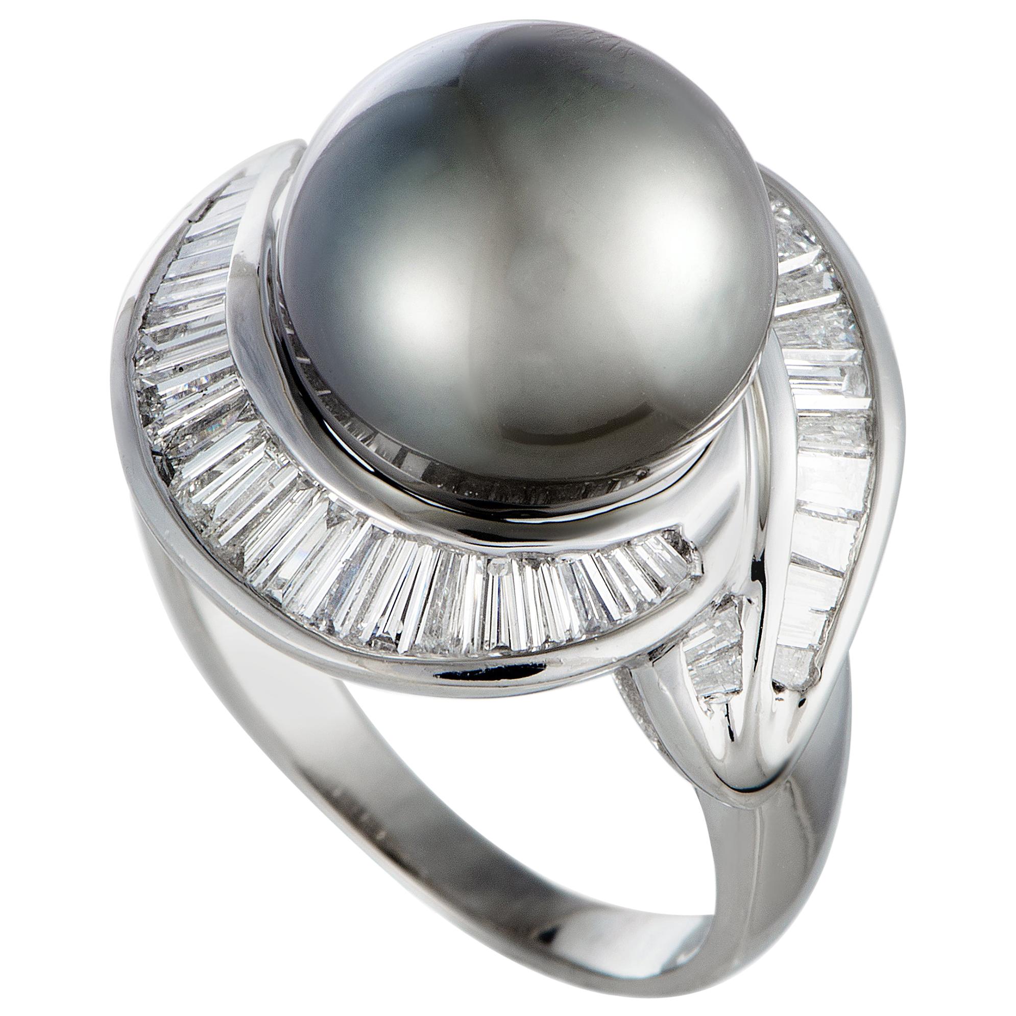 Diamond and Black Pearl Platinum Ring