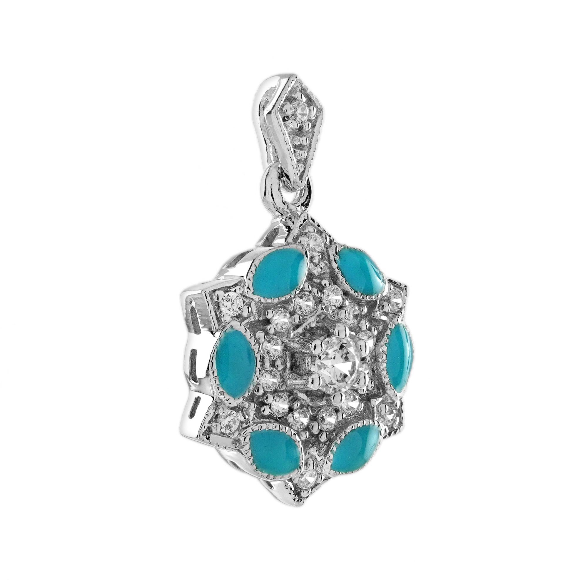 Round Cut Diamond and Blue Enamel Art Deco Style Floral Cluster Pendant in 14K White Gold For Sale