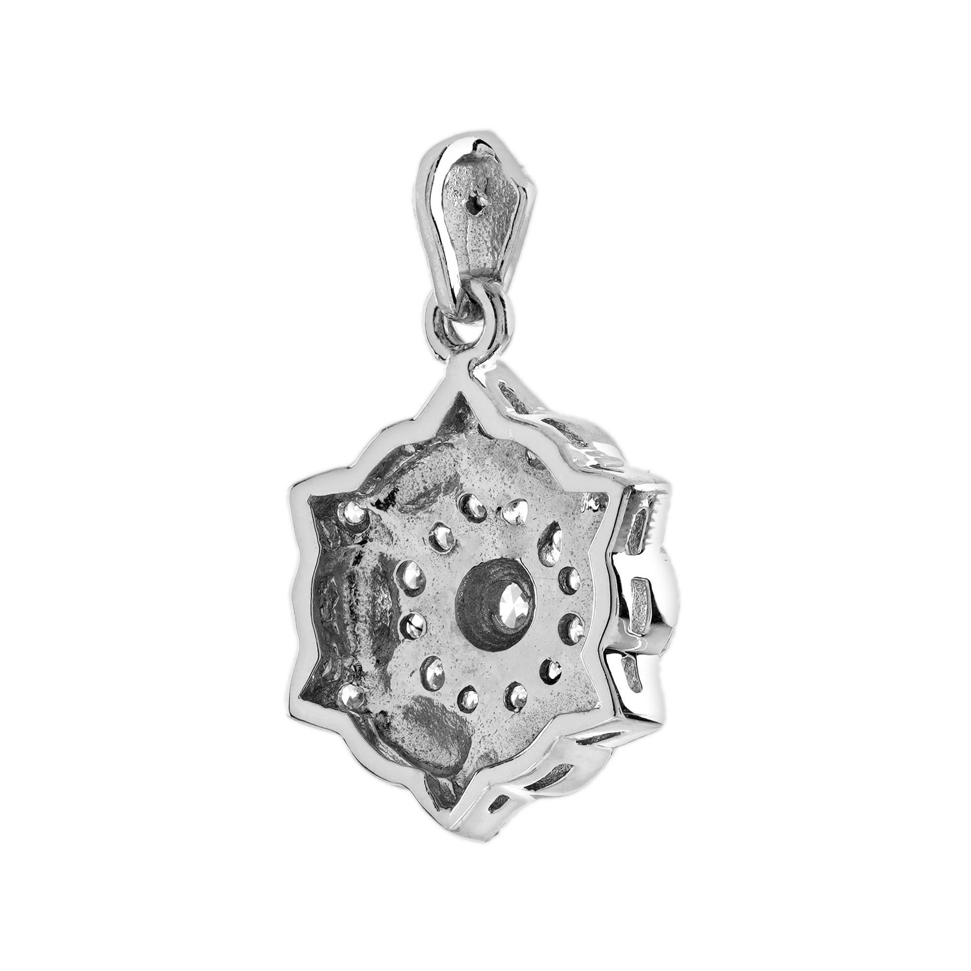 Diamond and Blue Enamel Art Deco Style Floral Cluster Pendant in 14K White Gold In New Condition For Sale In Bangkok, TH