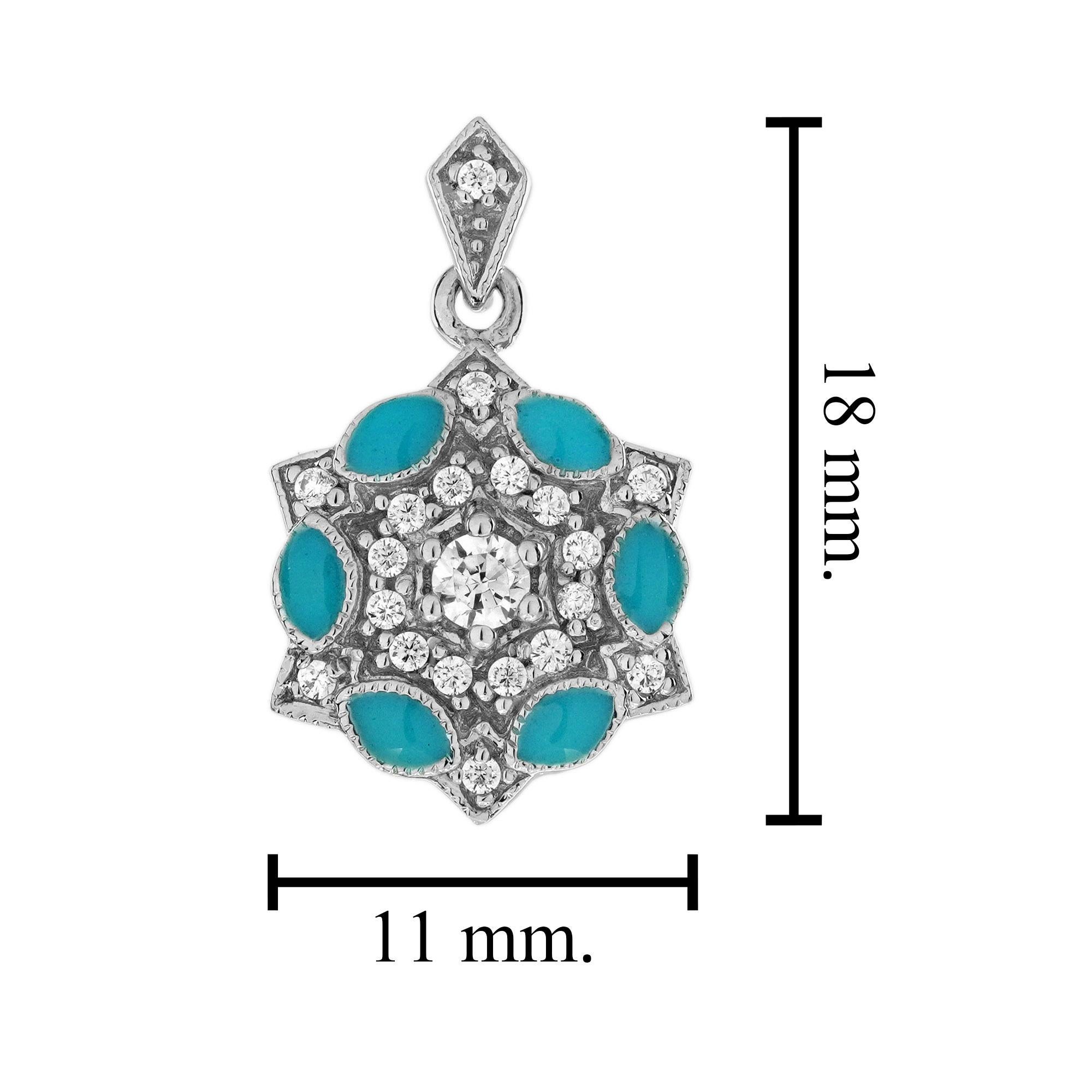 Women's Diamond and Blue Enamel Art Deco Style Floral Cluster Pendant in 14K White Gold For Sale
