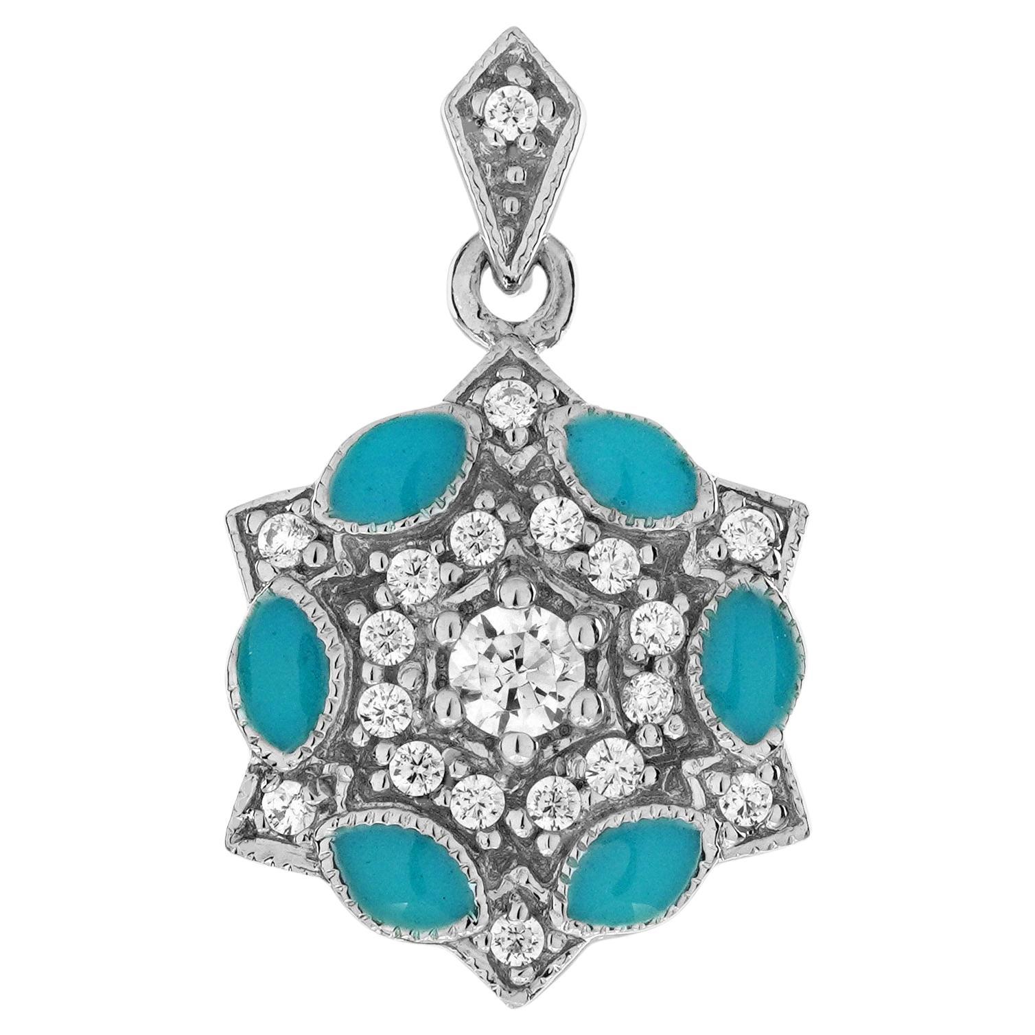 Colgante Racimo Floral Estilo Art Decó con Diamantes y Esmalte Azul en Oro Blanco de 14K en venta