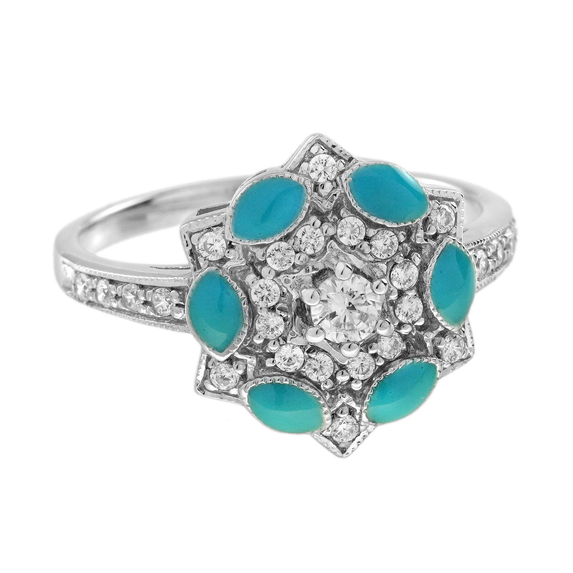 Round Cut Diamond and Blue Enamel Art Deco Style Floral Cluster Ring in 14K White Gold For Sale