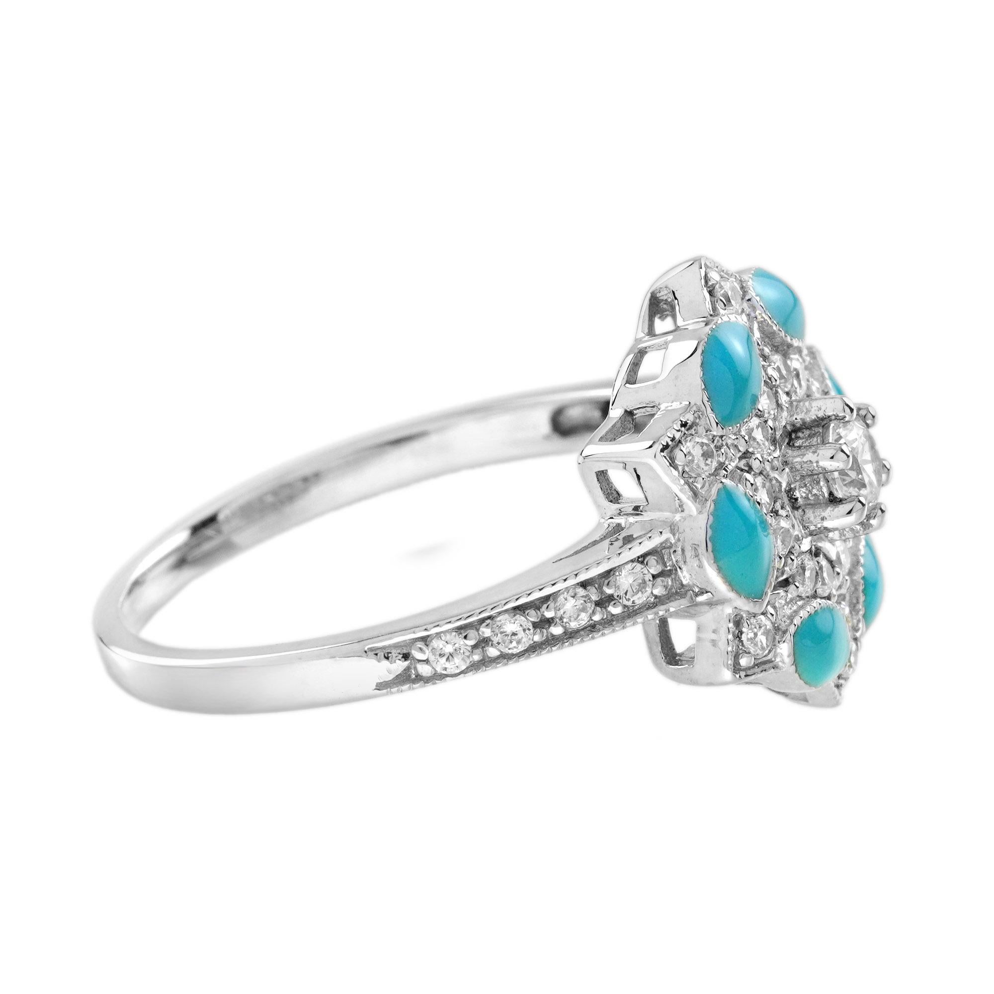 Diamond and Blue Enamel Art Deco Style Floral Cluster Ring in 14K White Gold In New Condition For Sale In Bangkok, TH
