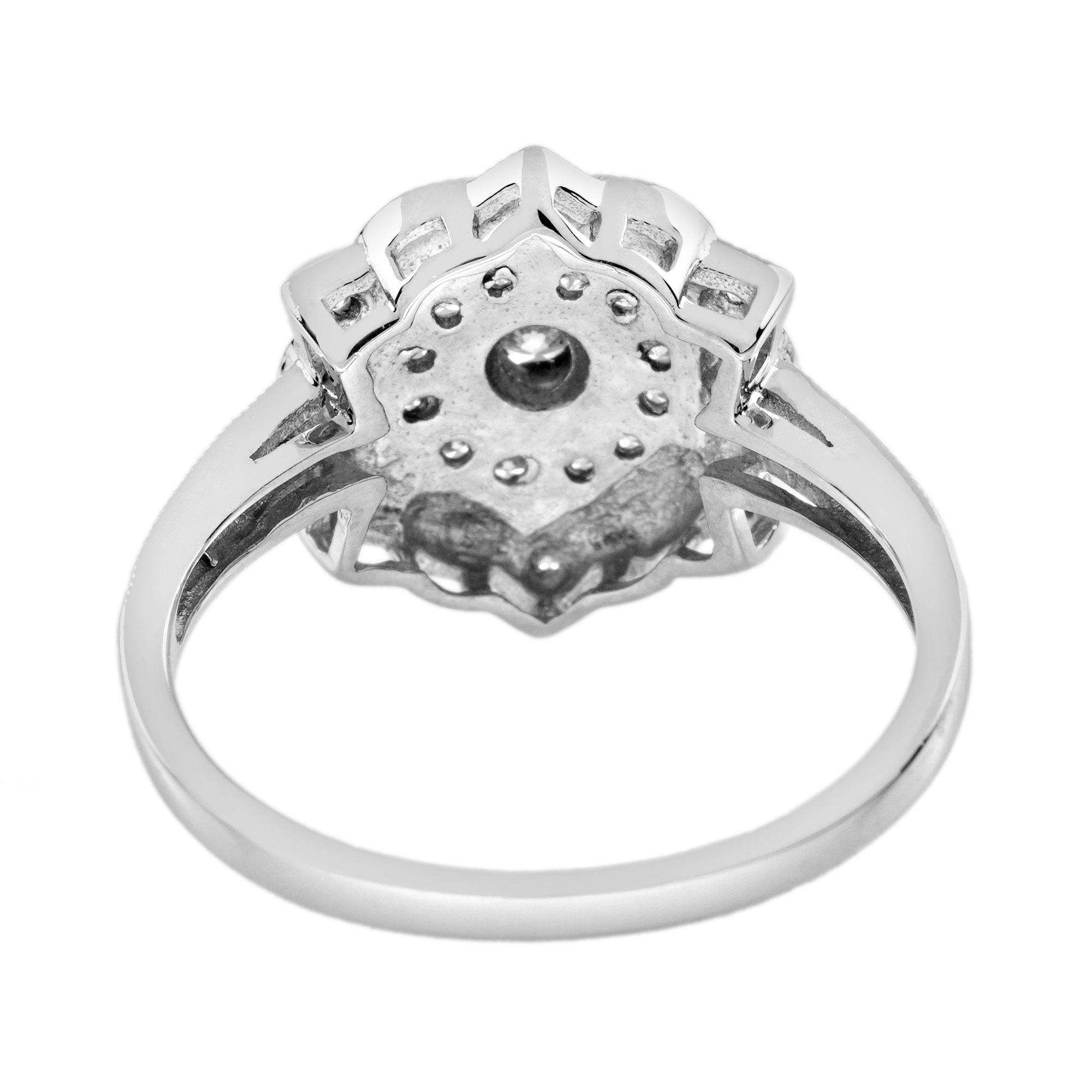 Women's Diamond and Blue Enamel Art Deco Style Floral Cluster Ring in 14K White Gold For Sale