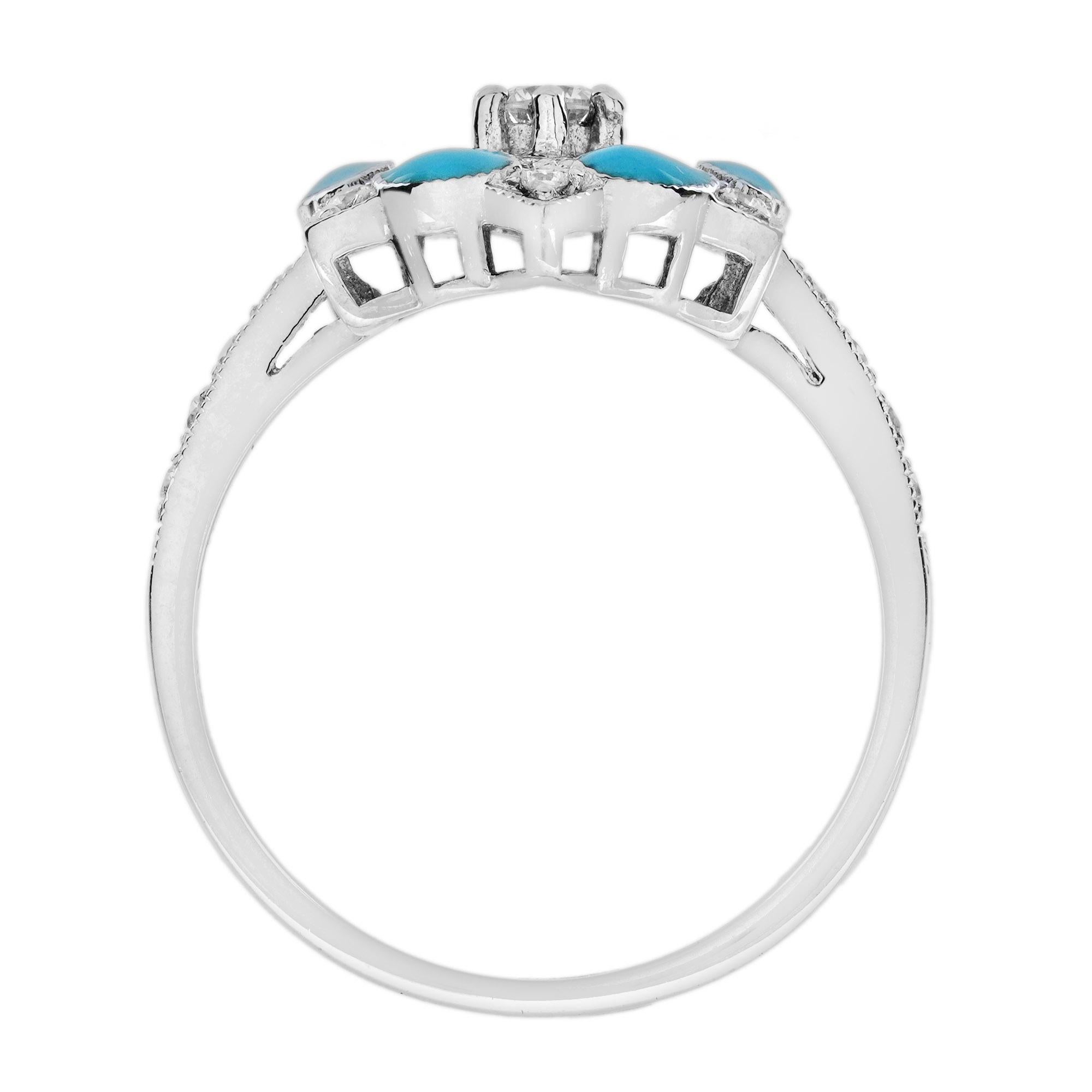 Diamond and Blue Enamel Art Deco Style Floral Cluster Ring in 14K White Gold For Sale 1