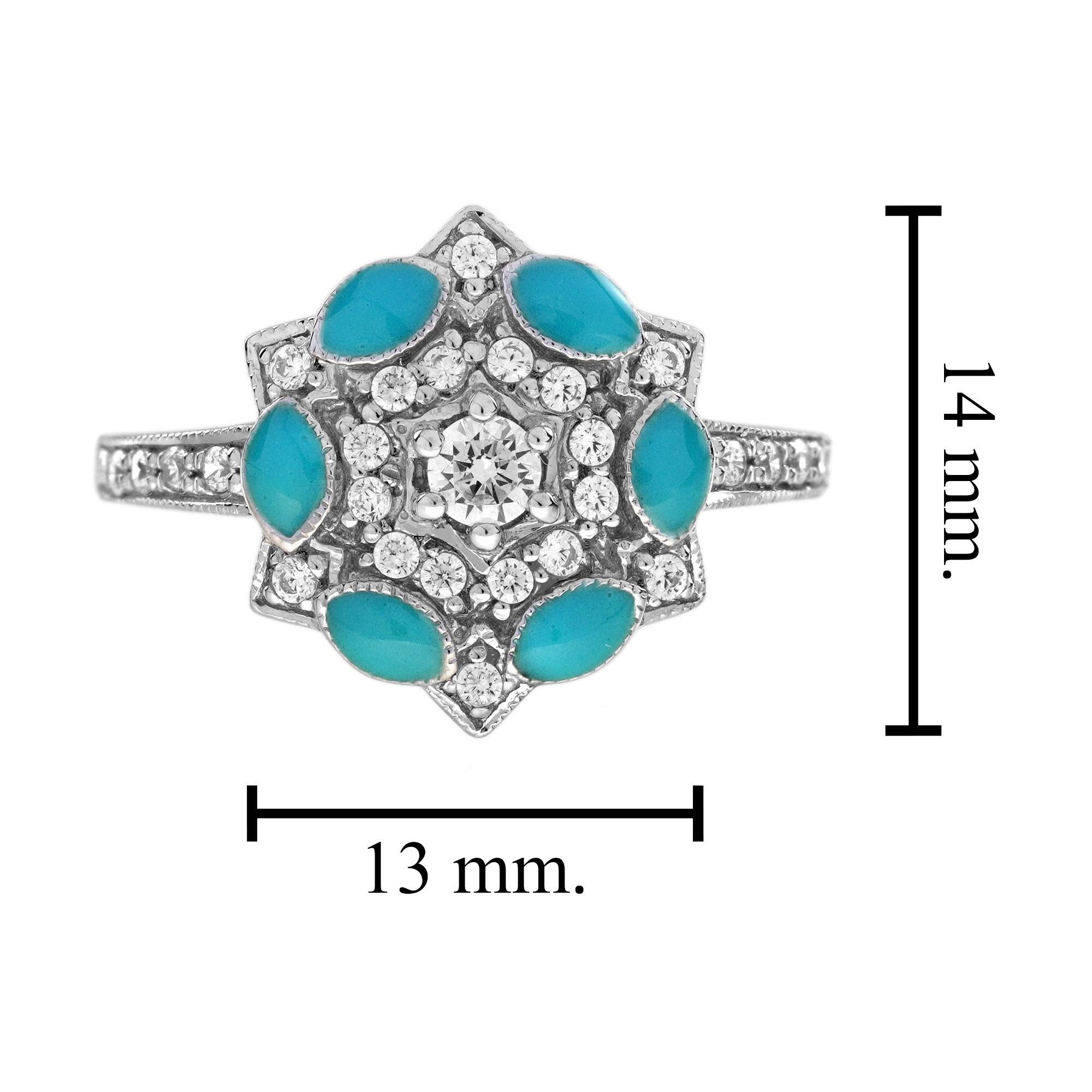 Diamond and Blue Enamel Art Deco Style Floral Cluster Ring in 14K White Gold For Sale 2