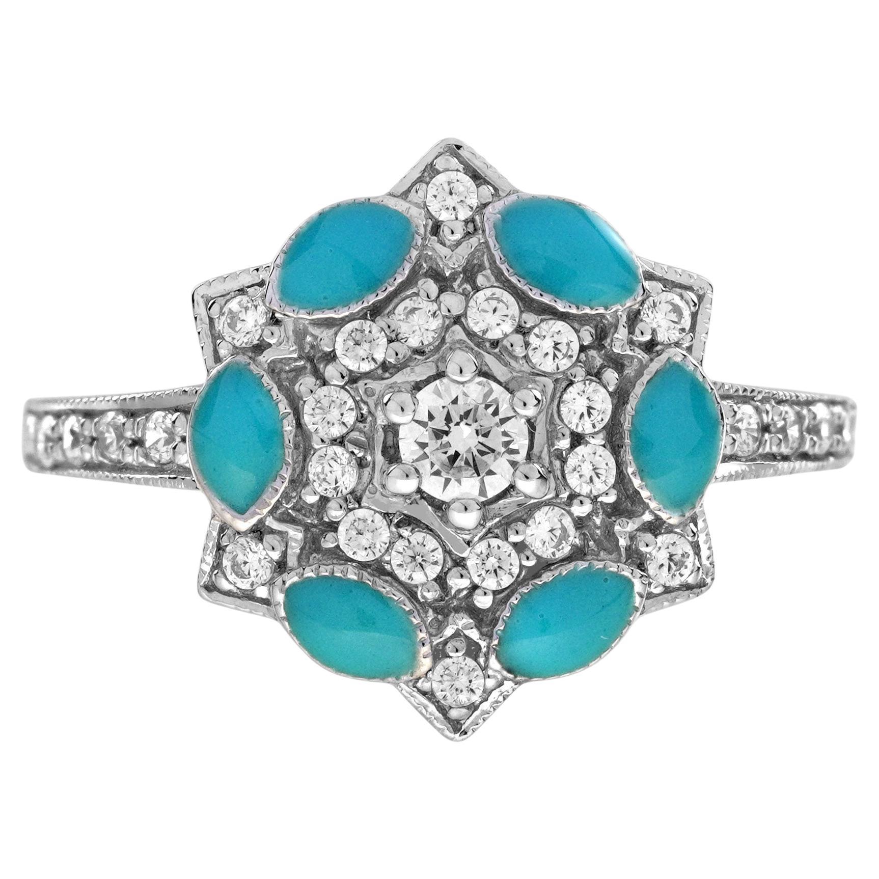 Bague grappe florale de style Art déco en or blanc 14 carats, diamants et émail bleu en vente