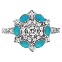 Diamond and Blue Enamel Art Deco Style Floral Cluster Ring in 14K White Gold