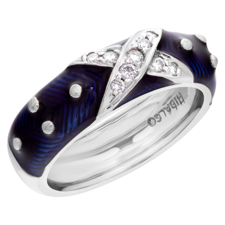 Diamond and Blue Enamel Ring in 18k White Gold For Sale at 1stDibs
