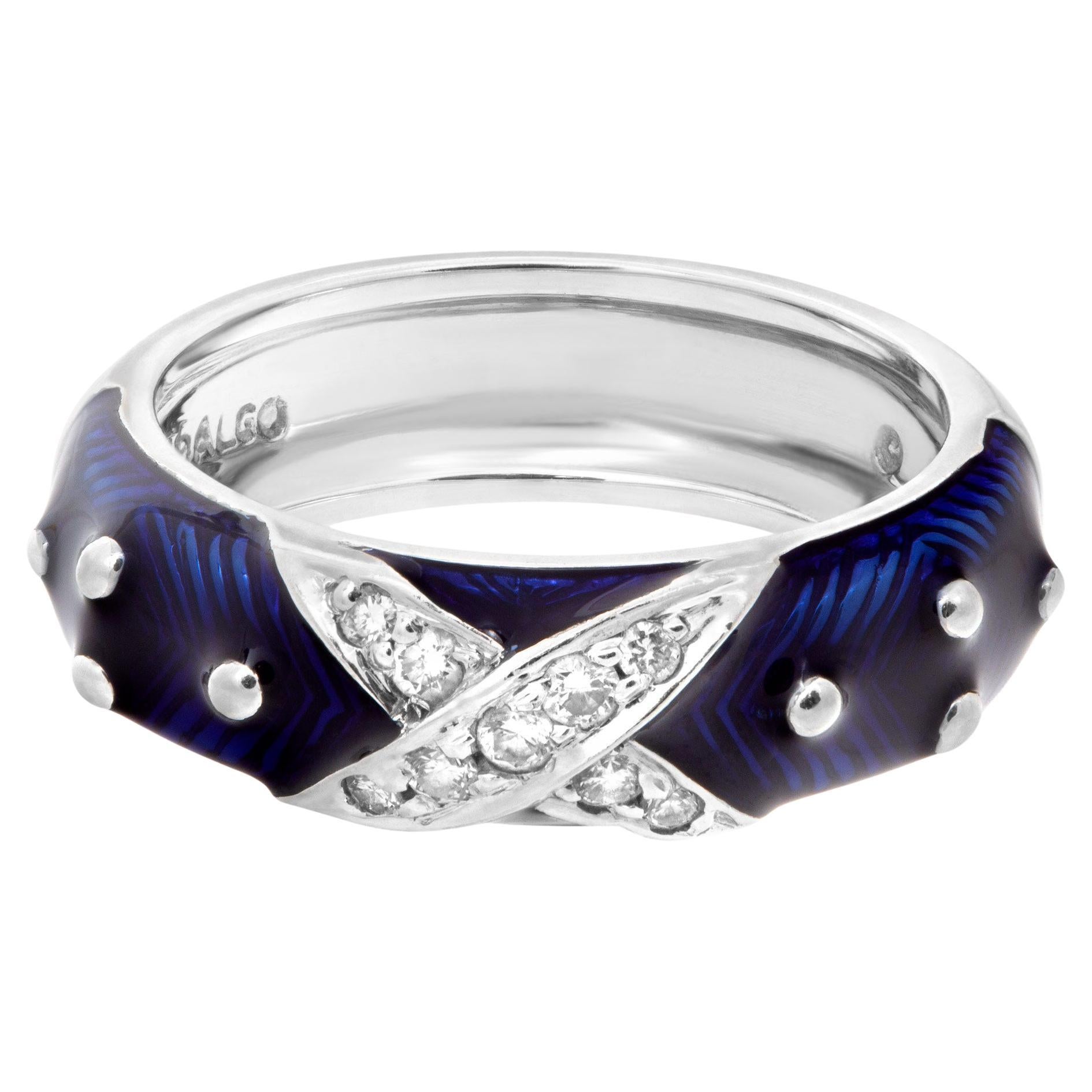 Diamond and Blue Enamel Ring in 18k White Gold For Sale