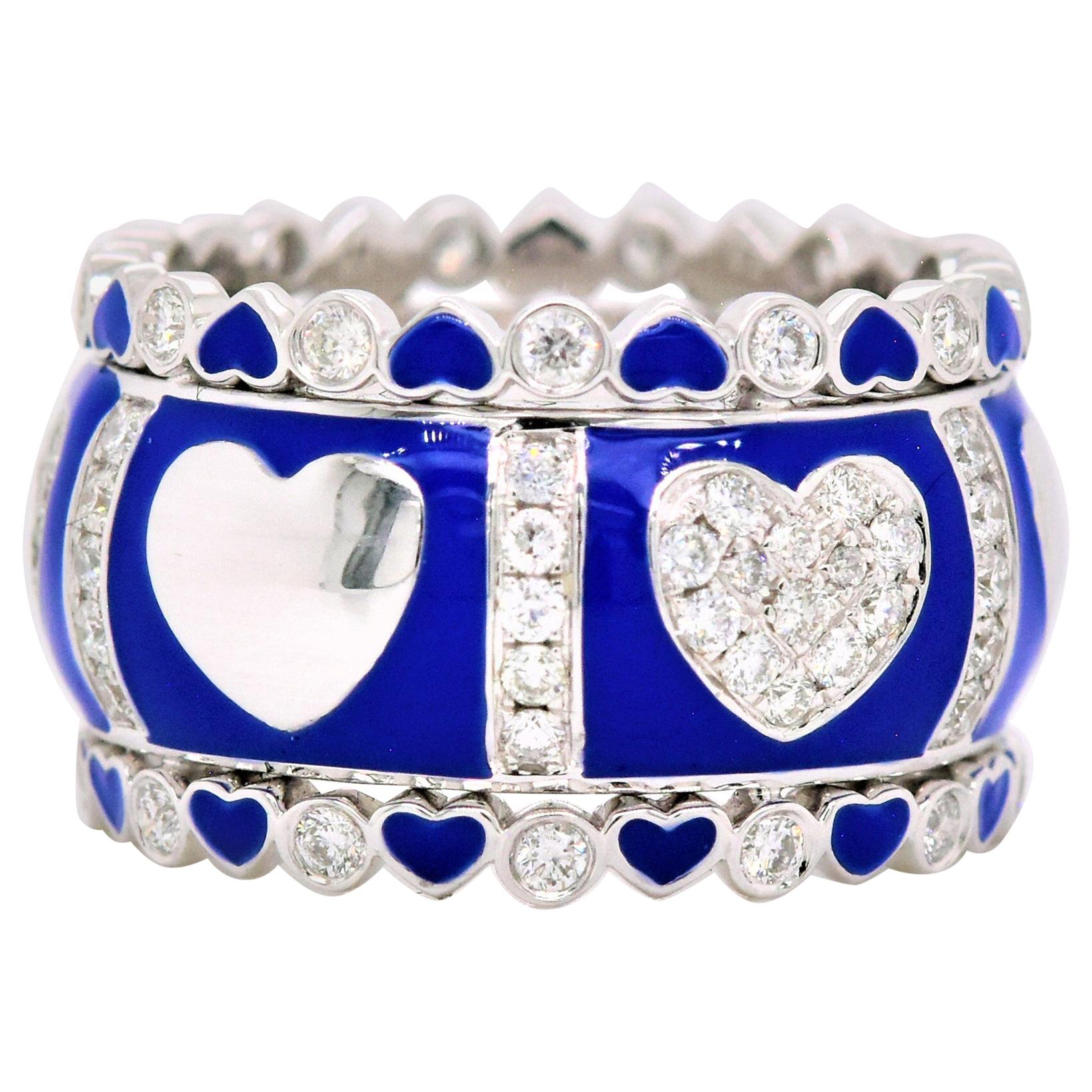 18k White Gold & Enamel Triple Stack Band "Hearts & Diamonds" in Blue For Sale