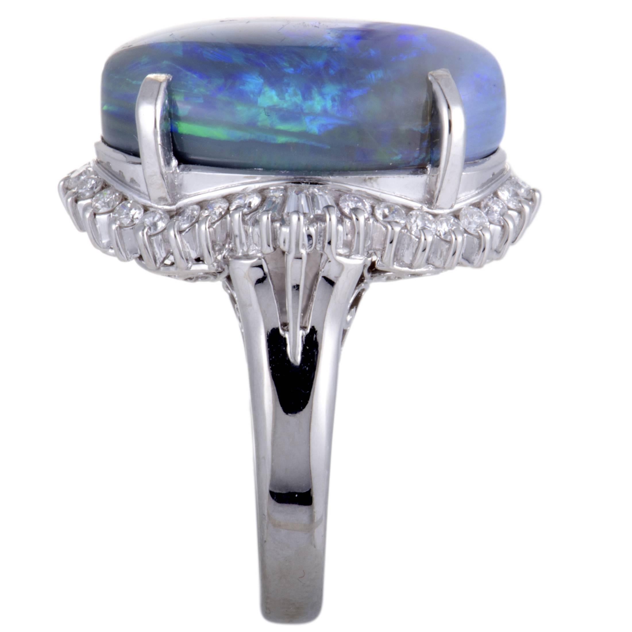 Oval Cut Diamond and Blue Opal Cabochon Platinum Ring