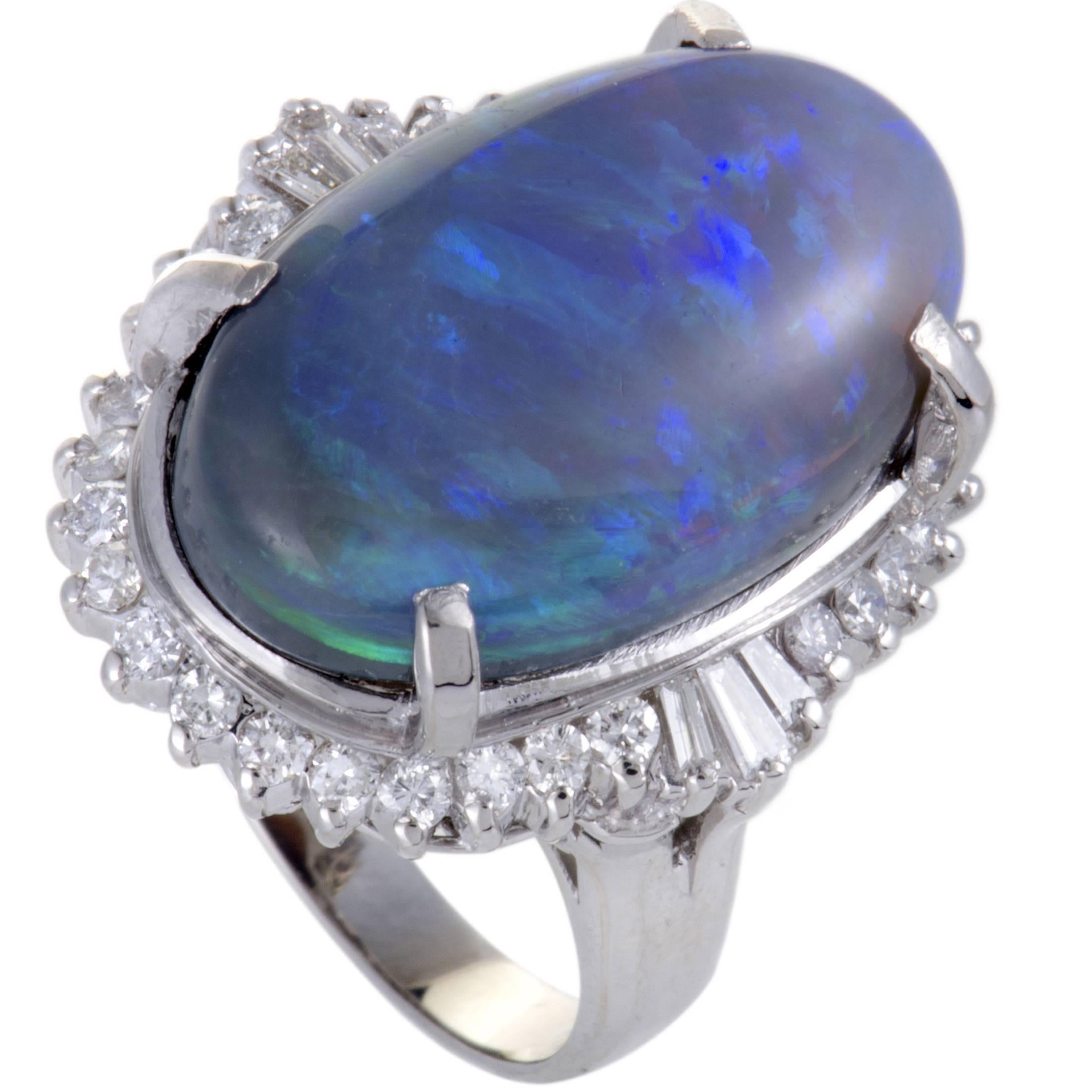 Diamond and Blue Opal Cabochon Platinum Ring