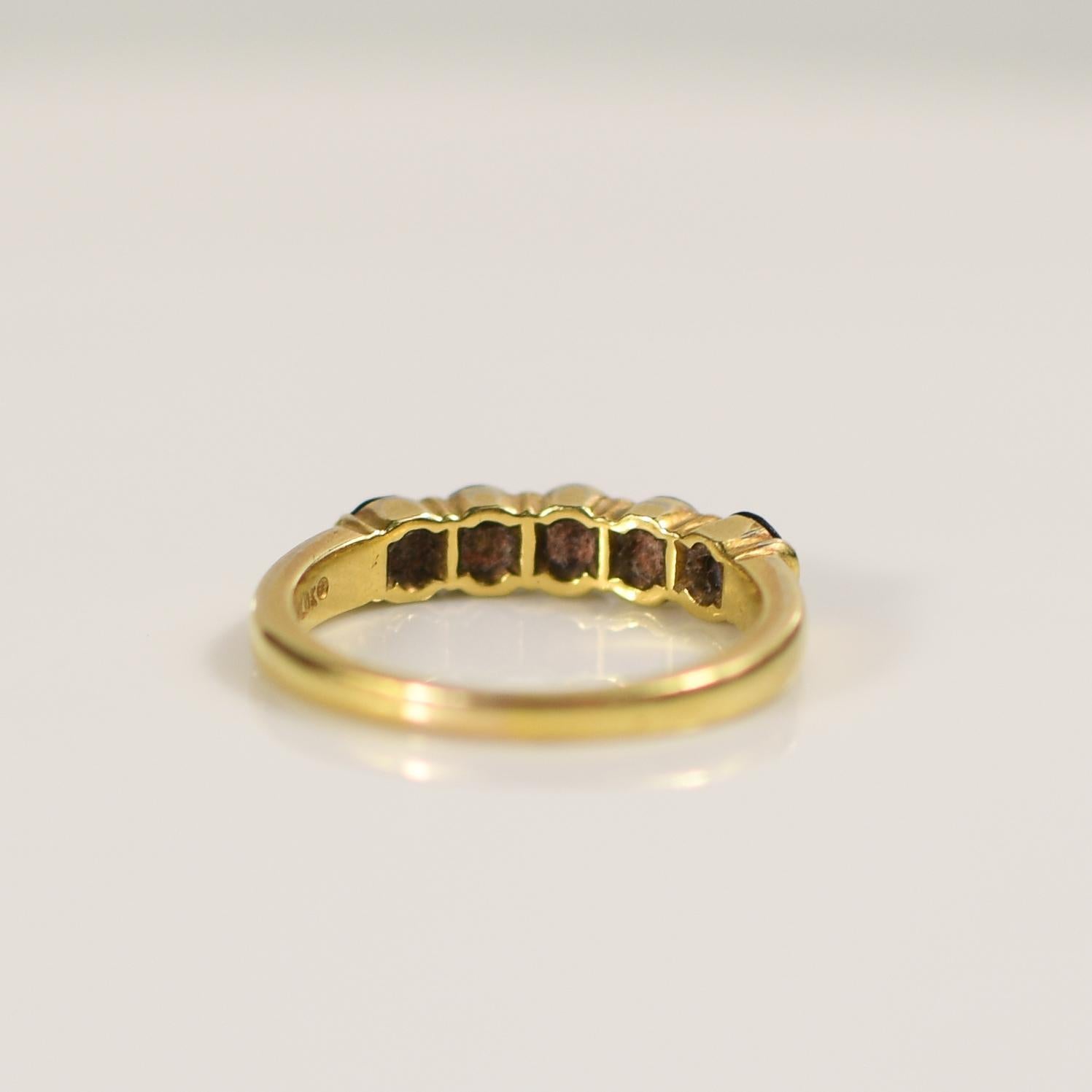 Round Cut Diamond and Blue Sapphire Alternating 5 Stone Band 18K Yellow Gold Ring