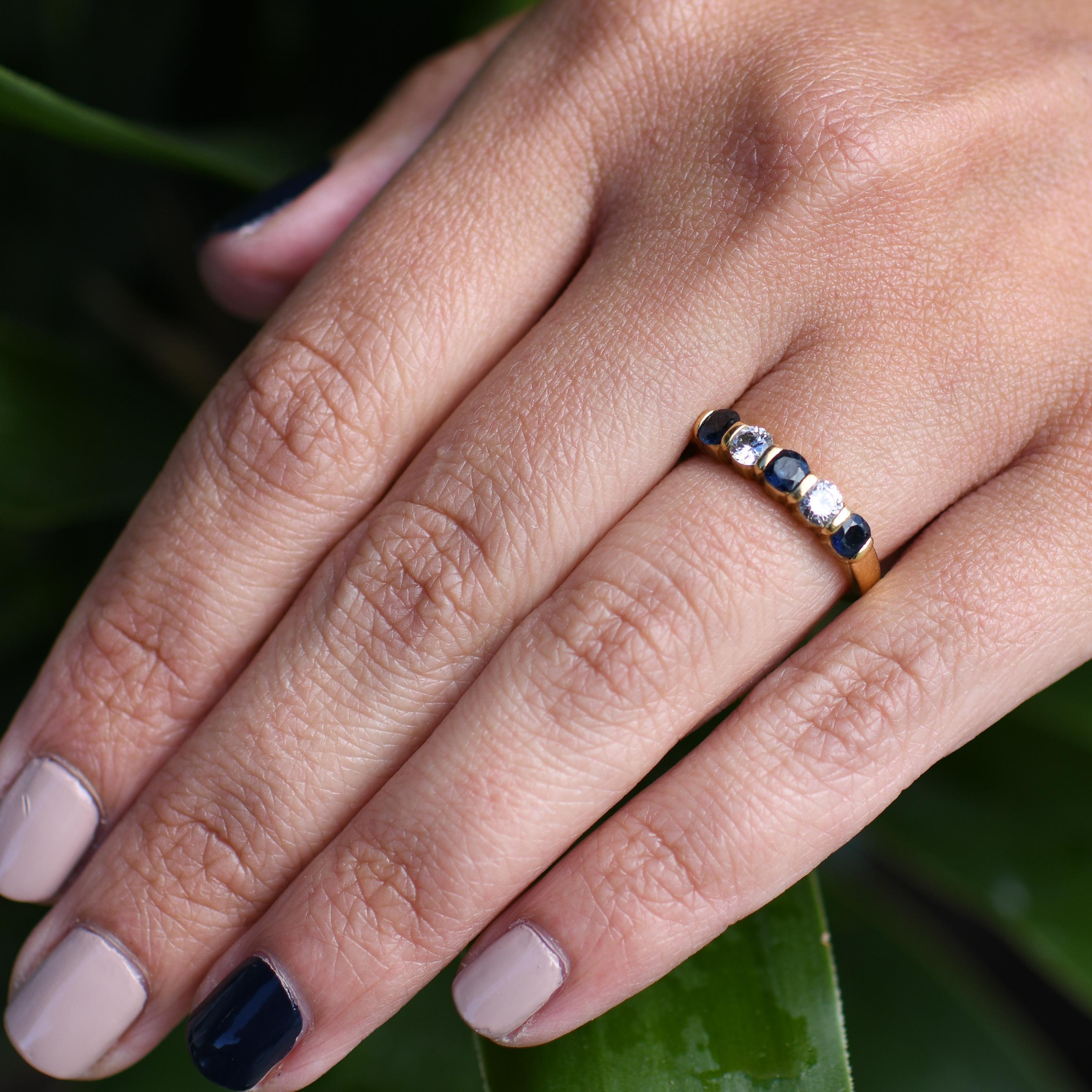Diamond and Blue Sapphire Alternating 5 Stone Band 18K Yellow Gold Ring 2