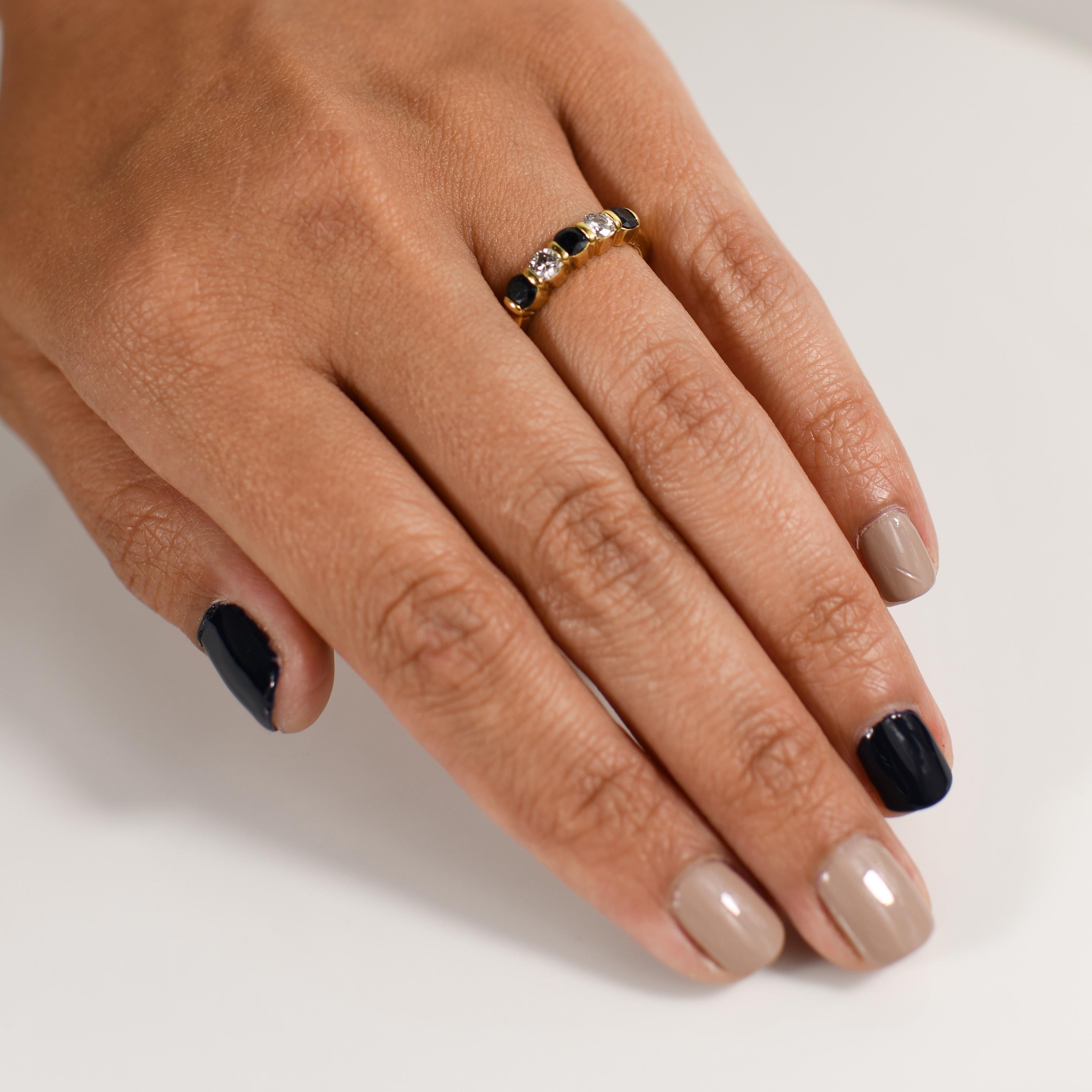 Diamond and Blue Sapphire Alternating 5 Stone Band 18K Yellow Gold Ring 3