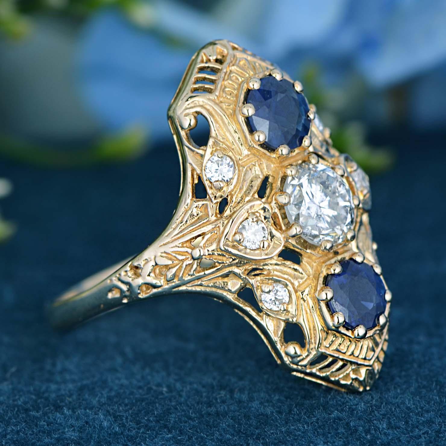 For Sale:  Diamond and Blue Sapphire Antique Style Filigree Three Stone Ring in 9K Gold 2