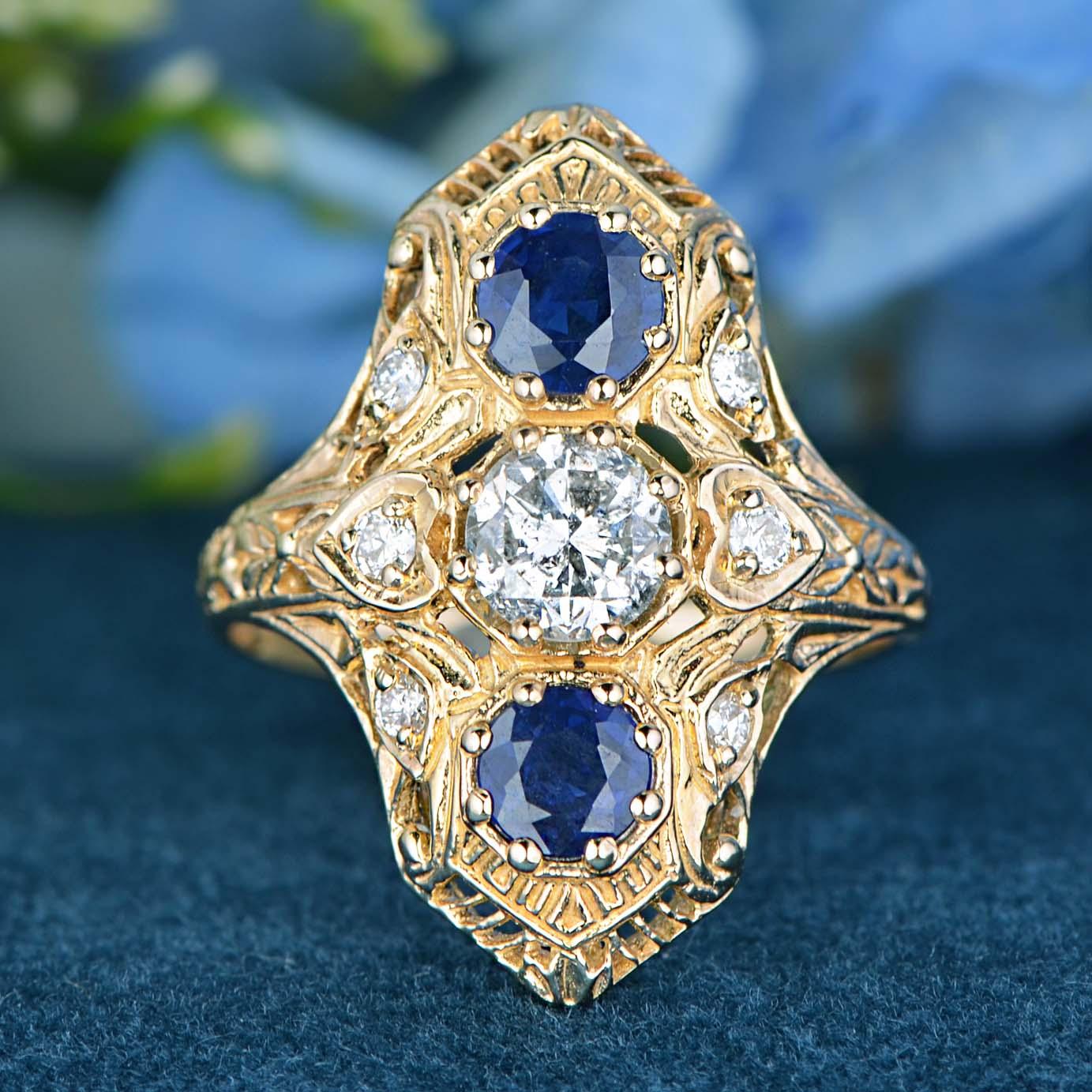 For Sale:  Diamond and Blue Sapphire Antique Style Filigree Three Stone Ring in 9K Gold 3