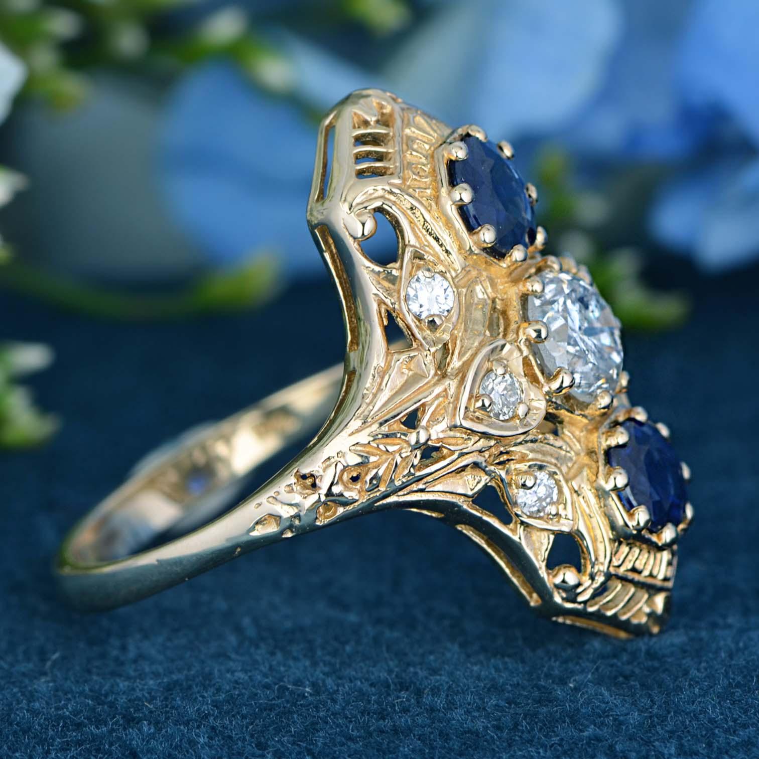 For Sale:  Diamond and Blue Sapphire Antique Style Filigree Three Stone Ring in 9K Gold 4