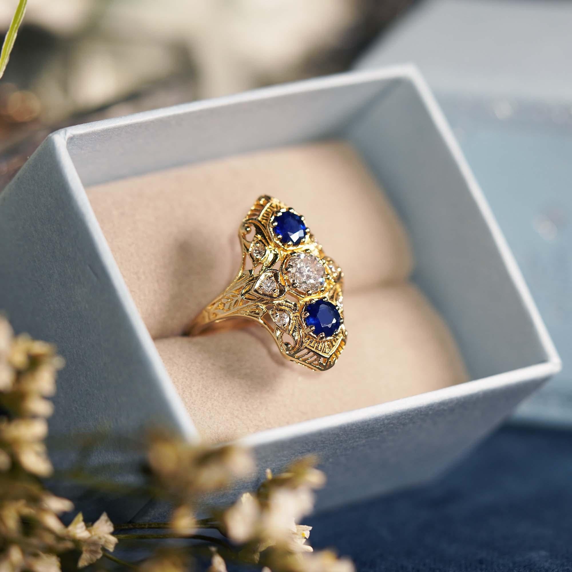 For Sale:  Diamond and Blue Sapphire Antique Style Filigree Three Stone Ring in 9K Gold 6