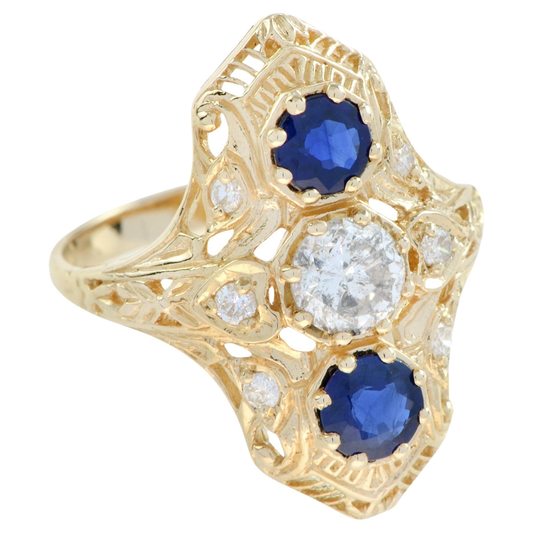 For Sale:  Diamond and Blue Sapphire Antique Style Filigree Three Stone Ring in 9K Gold