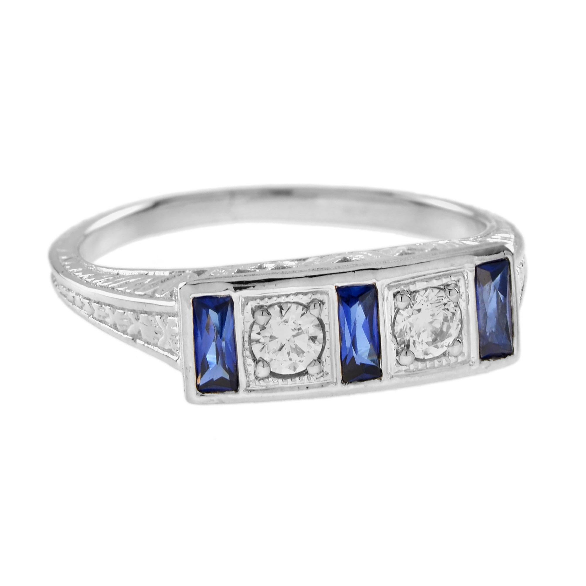For Sale:  Diamond and Blue Sapphire Antique Style Ring in 14K White Gold 3