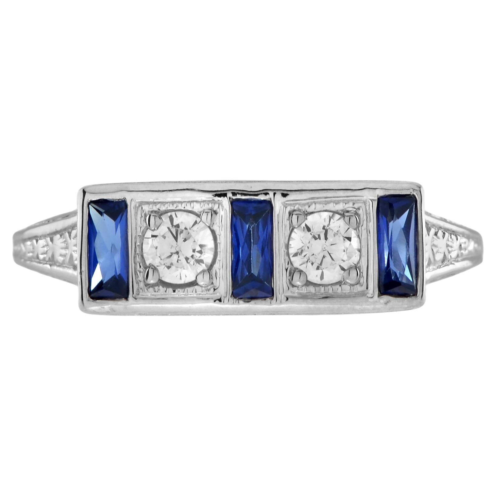 For Sale:  Diamond and Blue Sapphire Antique Style Ring in 14K White Gold
