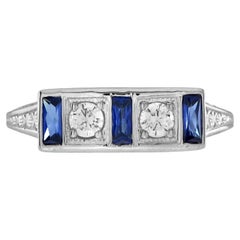 Bague en or blanc 14K avec diamant et saphir bleu de style antique 