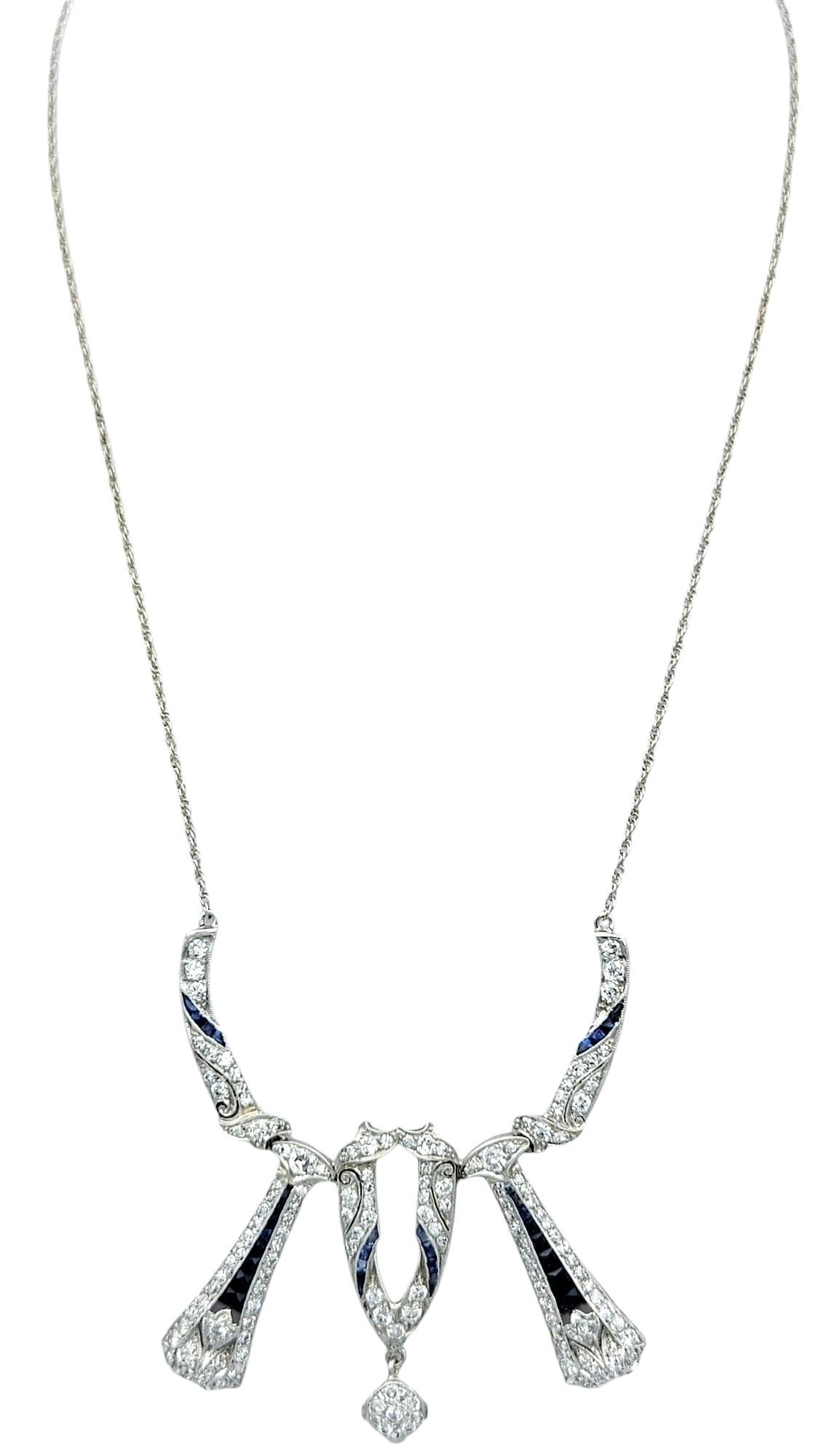 French Cut Diamond and Blue Sapphire Art Deco Necklace with Milgrain in 14 Karat White Gold For Sale
