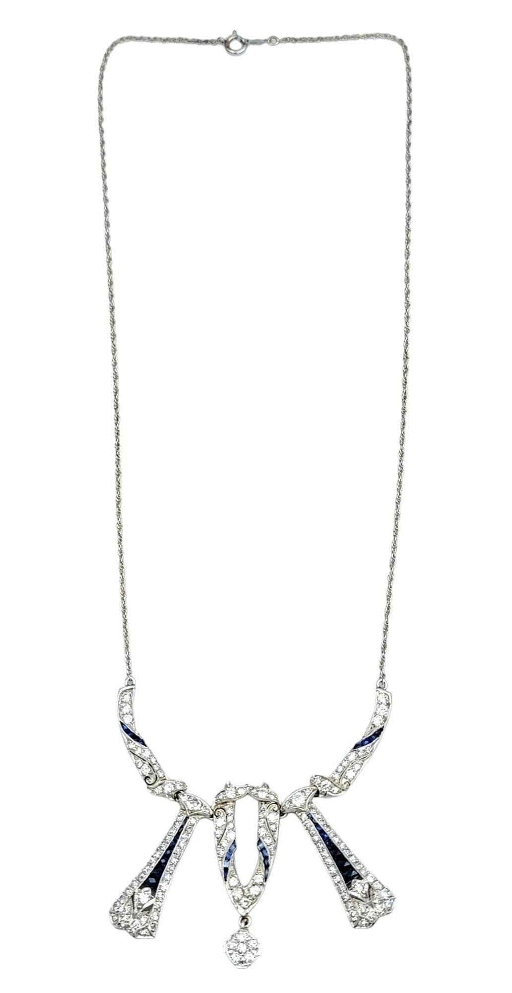 Diamond and Blue Sapphire Art Deco Necklace with Milgrain in 14 Karat White Gold In Good Condition For Sale In Scottsdale, AZ