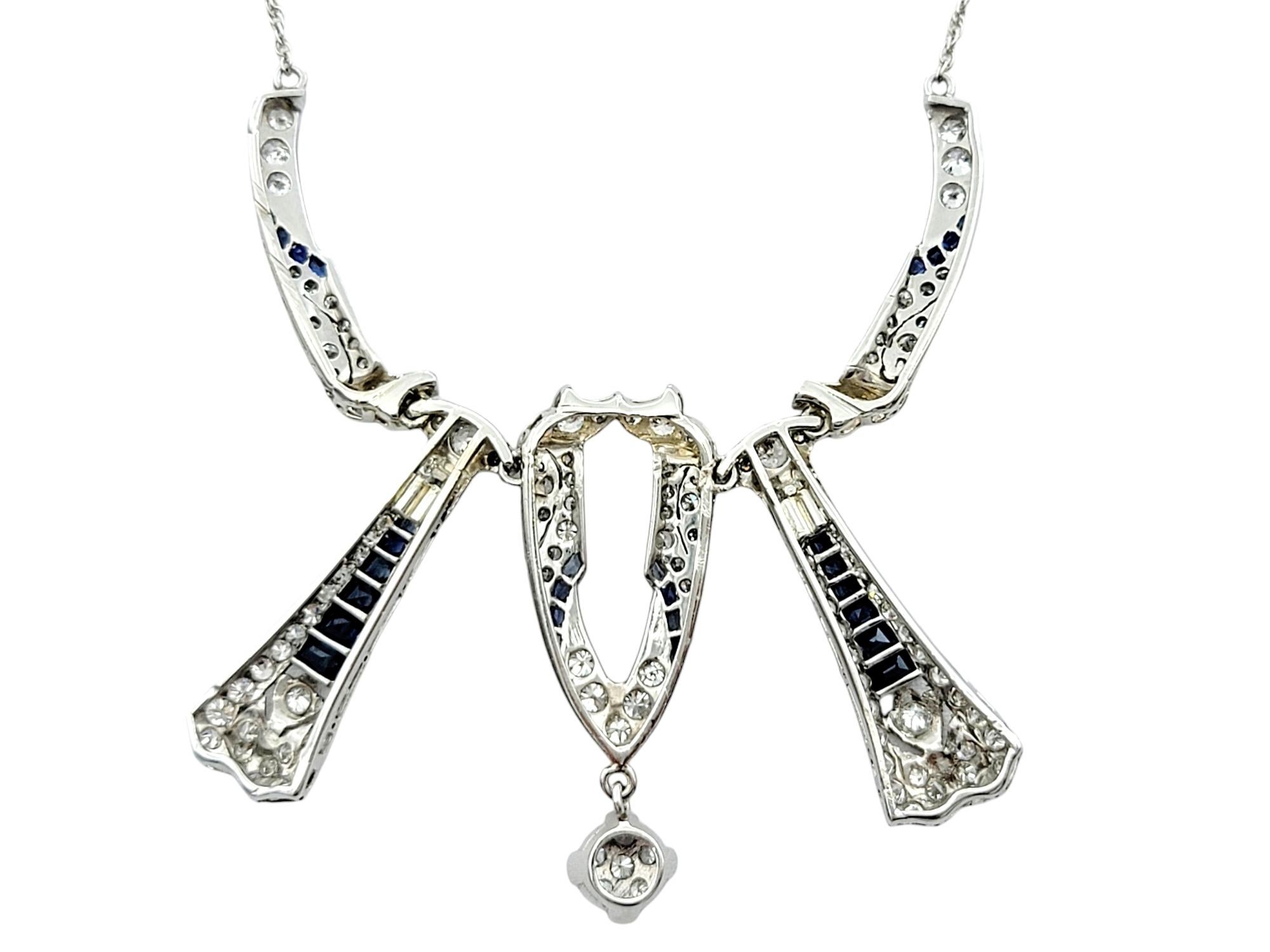 Women's Diamond and Blue Sapphire Art Deco Necklace with Milgrain in 14 Karat White Gold For Sale