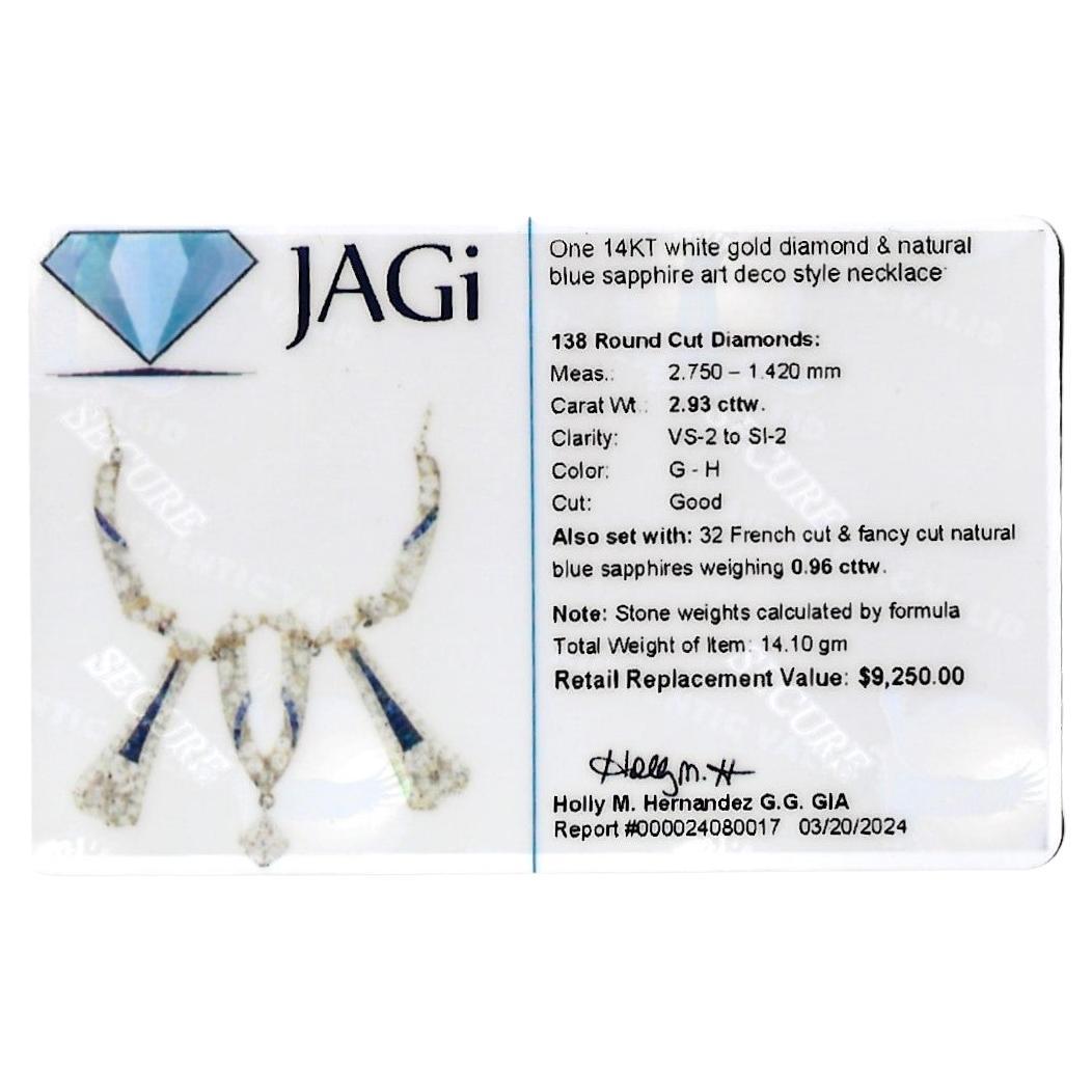 Art-Déco-Halskette mit Diamanten und blauen Saphiren und Milgrain aus 14 Karat Weißgold im Angebot 3
